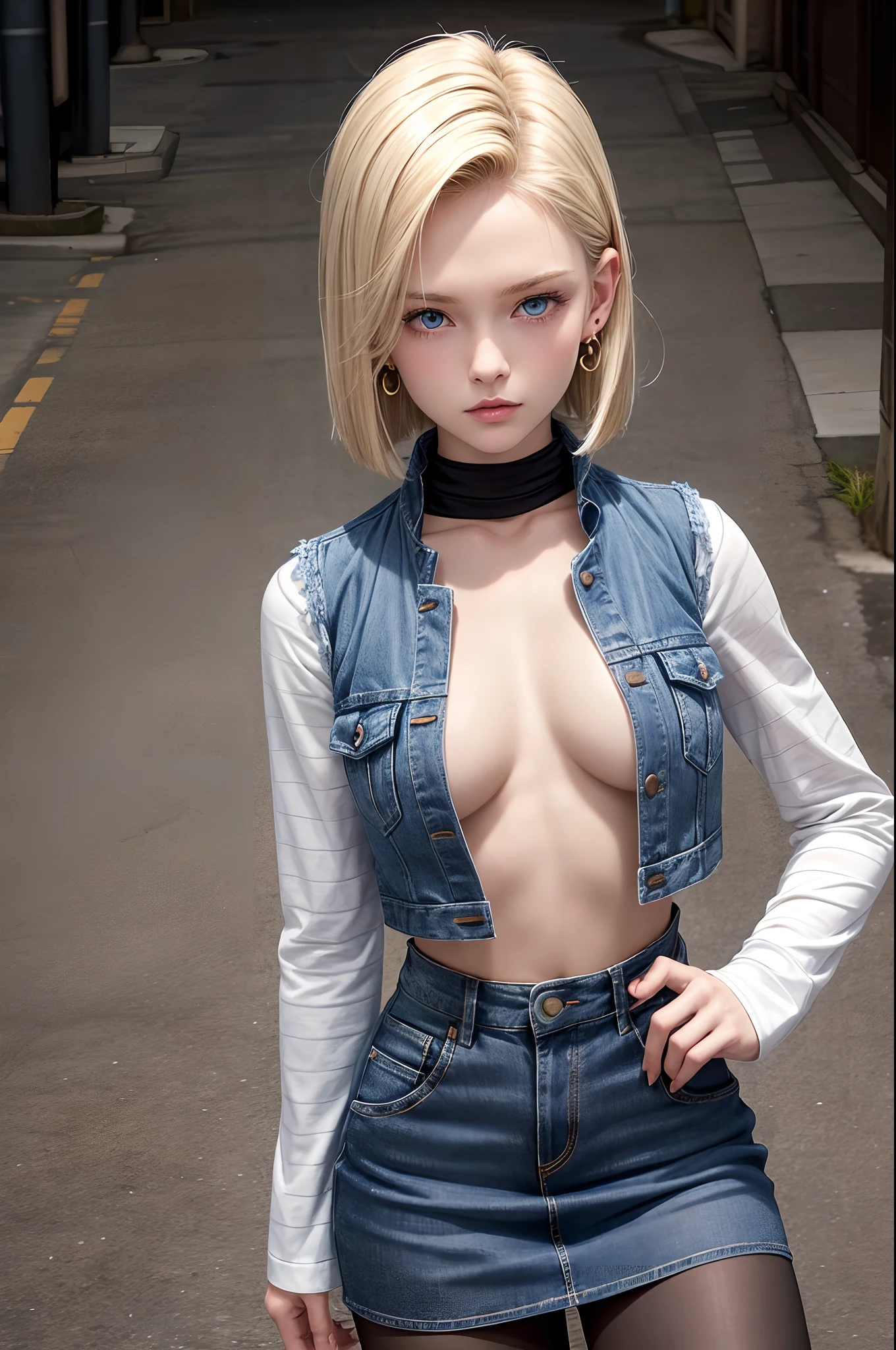 Best Quality, hight resolution, and18, 1girl in, Android 18, Solo, Blonde hair, Blue eyes, Short hair, earrings, Jewelry, Denim Vest, open vest, Black pantyhose, Black shirt, jean skirt, Striped long sleeves, Blue skirt, medium breasts, Cowboy Shot, Street, (Externally expanded Chest: 1.2)