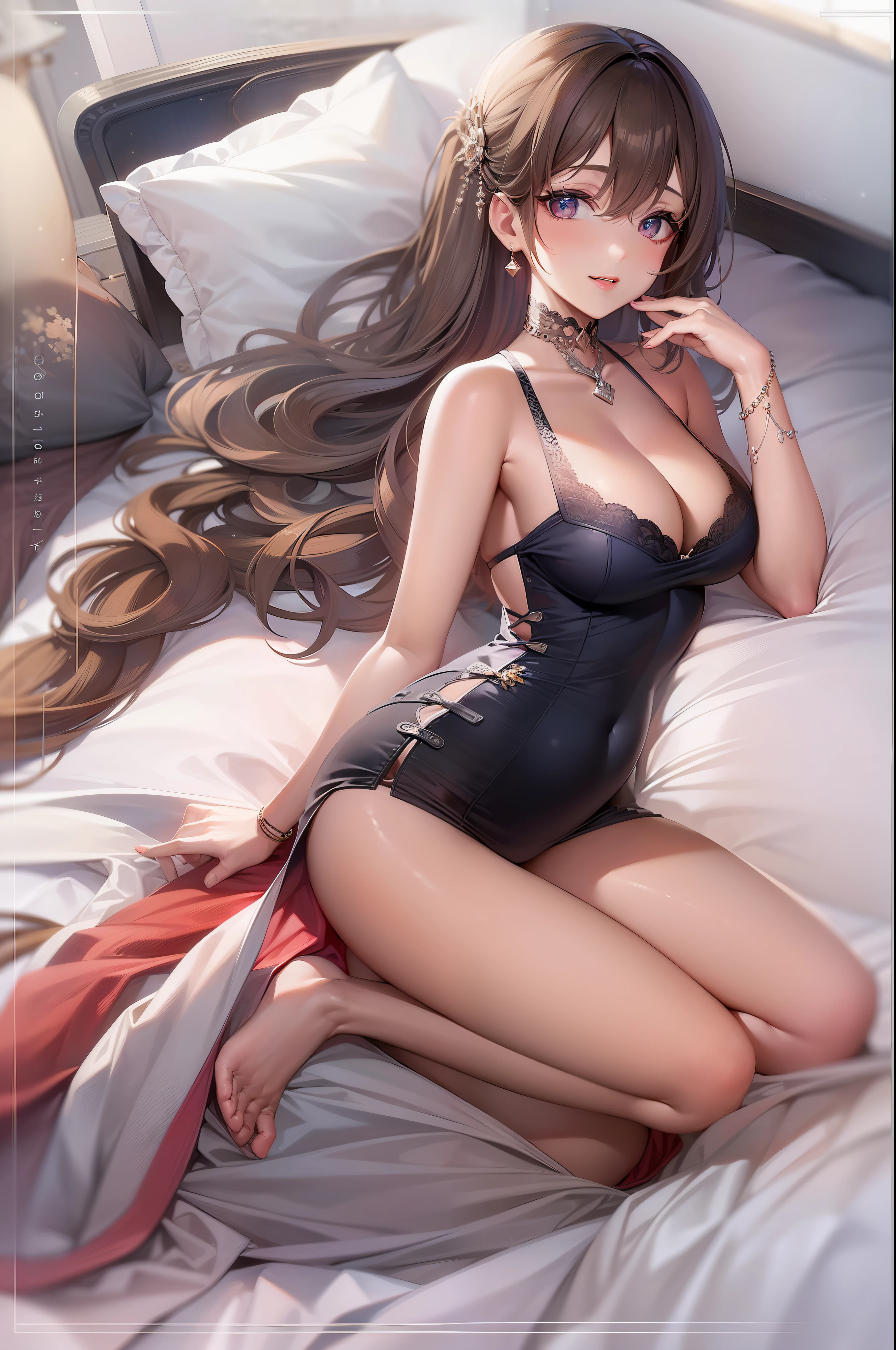 ((Sexy and beautiful woman lying on the bed and looking up)), the cutest 20-year-old beauty, charming smile, ((seaside resort)), ((very long hair)), ((skimp high resort fashion)), ((rich bust)), gradient eyes, seductive makeup, show lighting, single perspective, canon, nffsw, retina, masterpiece, accurate, anatomically correct, texture Doskin, Super Detail, High Detail, High Quality, Award Winning, Highest Quality, High Definition, 1080p, Hard Disk, 4K, 8K, 16K