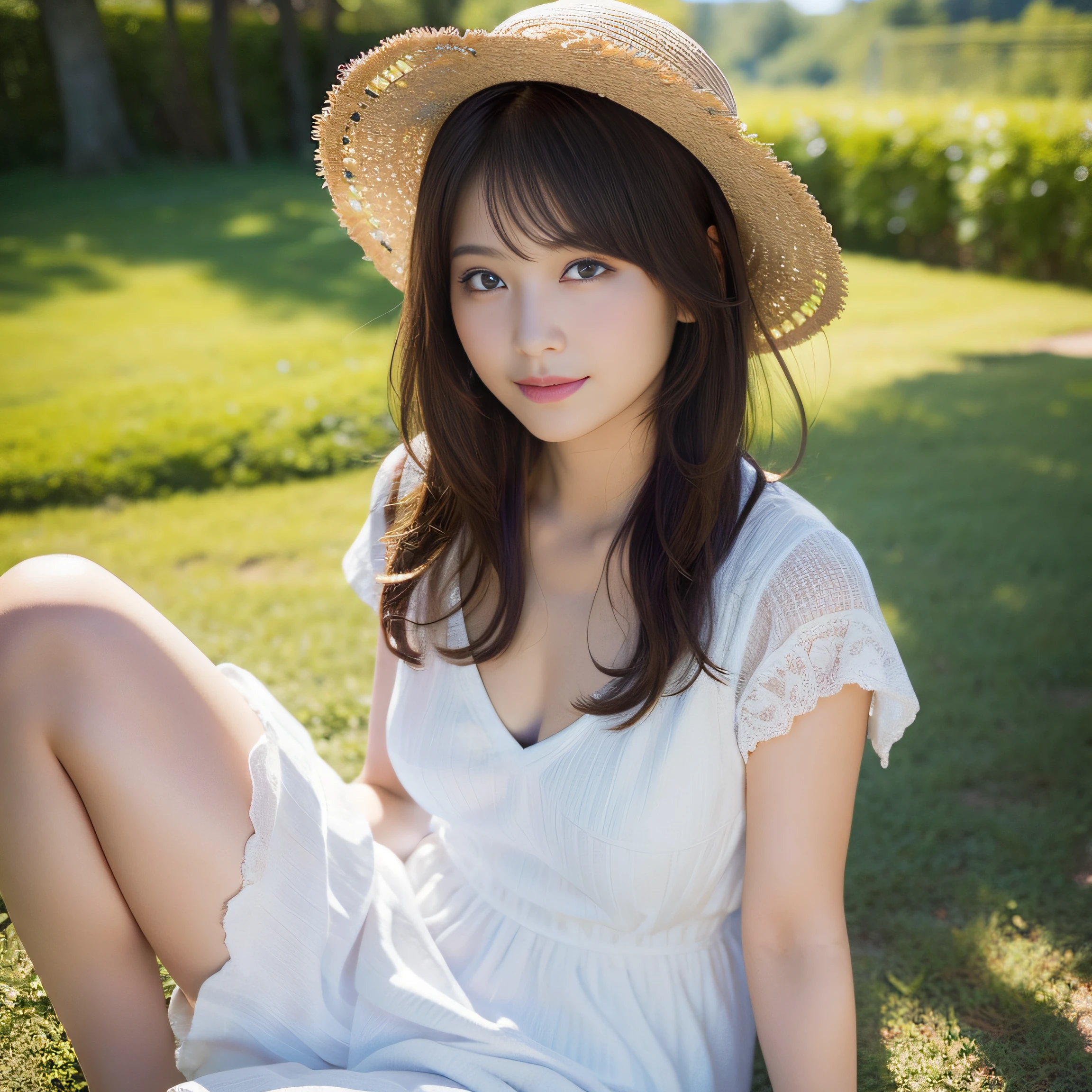 in 8K,Best Quality:1.4, 超A high resolution:1.5, (Photorealistic:1.4),masterpiece:1.2,(top-quality:1.4)、 Raw photo、 (From the knee up:1.4), (the background is blurred), Japan women, Cute, 30-years old:1.2、Beautiful black eyes、dual、natural skin textures:1.8, realistic eyes and face details:1.8、middlebreasts、(Solo), (Shy smile), Full body:1.2、White floral dress、realistic shadow、beauty legs:1.2、Smooth skin、 (Brown medium hair,Bangs),nogizaka:1.2,Beautiful body, a straw fedora hat, Midsummer blue sky、 Grassy park on the mountain、 Look at viewers、low angles