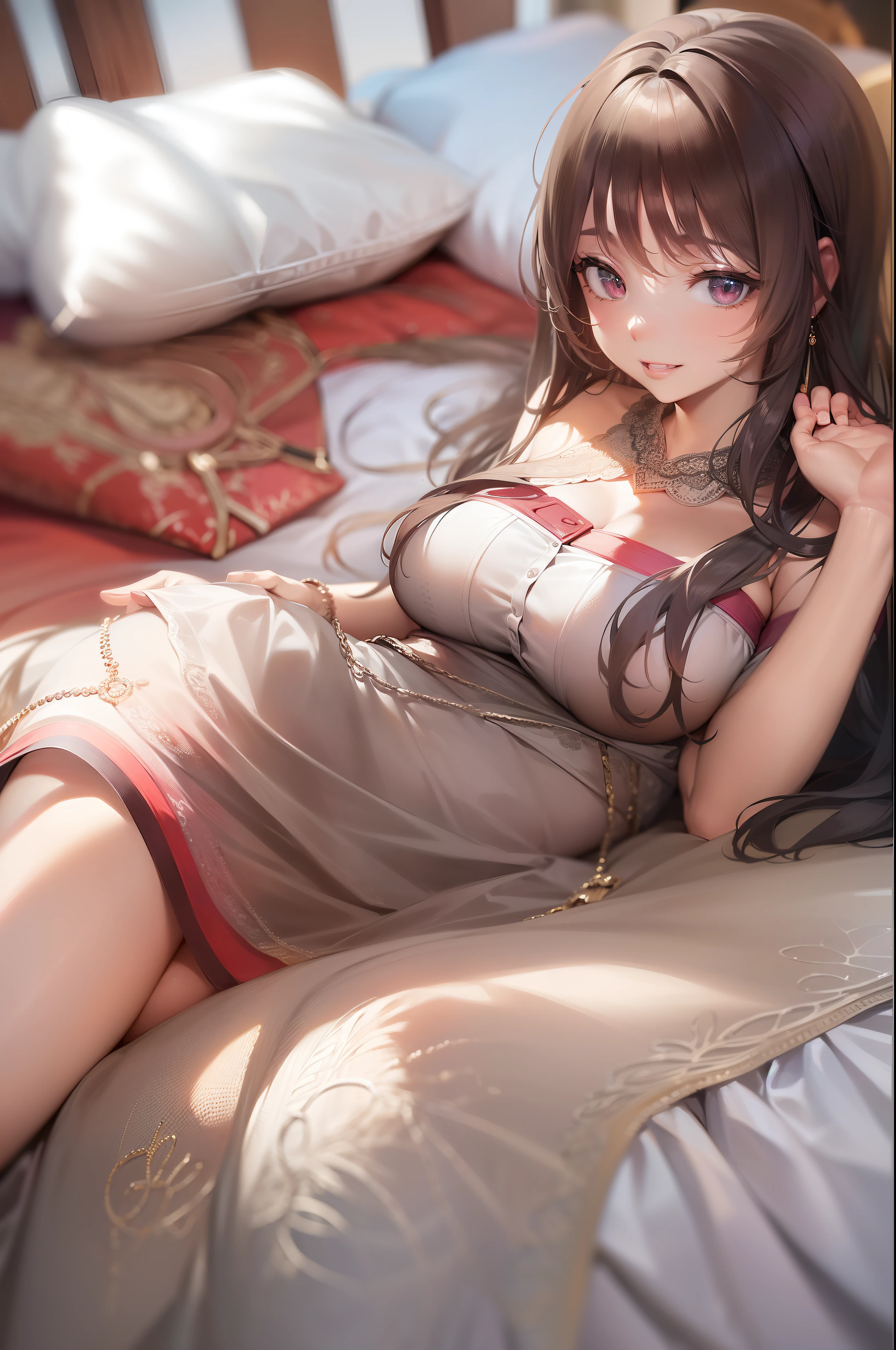 ((Sexy and beautiful woman lying on the bed and looking up)), the cutest 20-year-old beauty, charming smile, ((seaside resort)), ((very long hair)), ((skimp high resort fashion)), ((rich bust)), gradient eyes, seductive makeup, show lighting, single perspective, canon, nffsw, retina, masterpiece, accurate, anatomically correct, texture Doskin, Super Detail, High Detail, High Quality, Award Winning, Highest Quality, High Definition, 1080p, Hard Disk, 4K, 8K, 16K