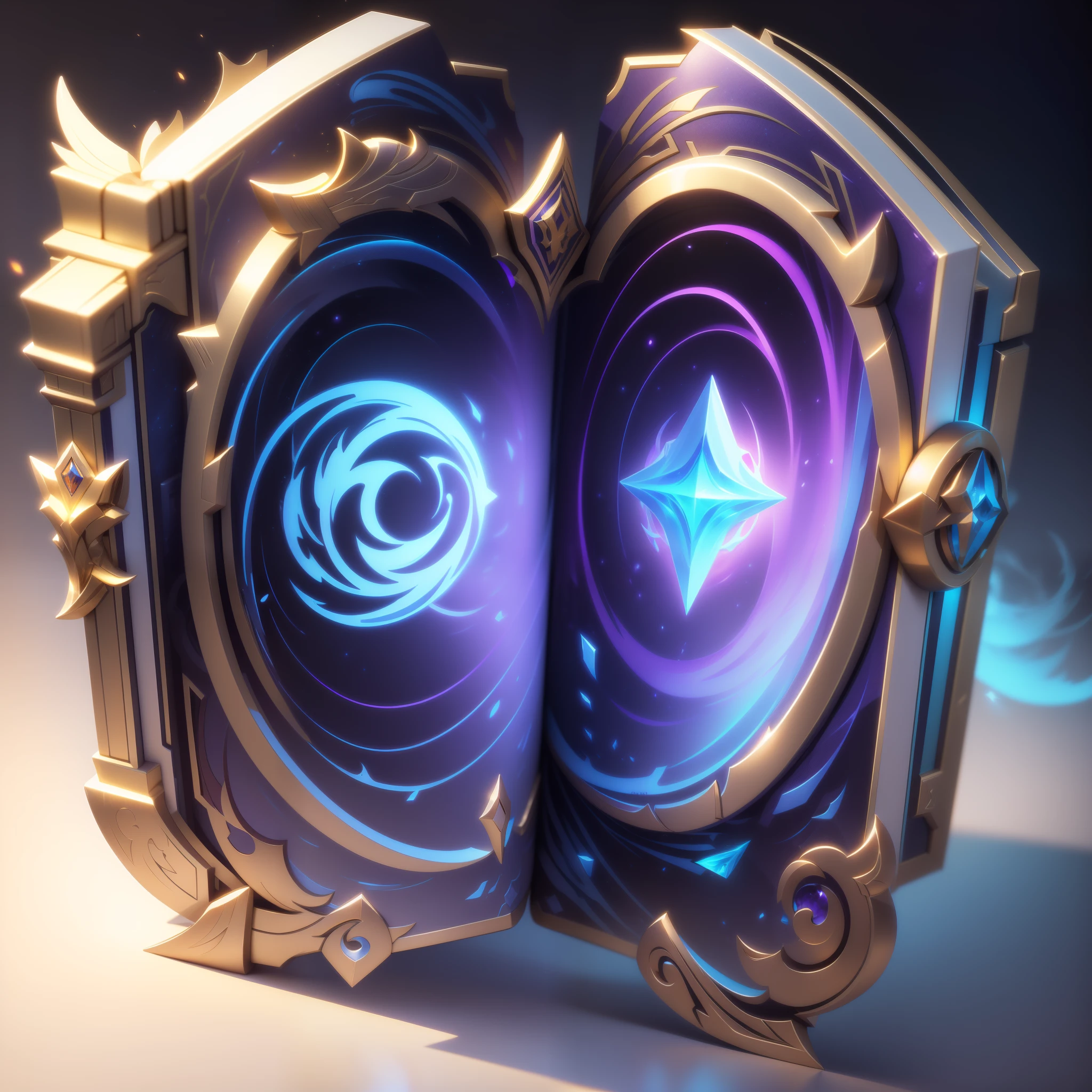 Best quality,Masterpiece,Game icon,(Masterpiece, Top quality, Best quality, offcial art, Beautiful beauty :1.2),(8K, Best quality, Masterpiece :1.2),(((White background,))), (item/Baoxiang),fantasy,Cyberpunk Style,purple and blue colored,inlaid gemstones,Exudes a shimmering light,magic book,opened book