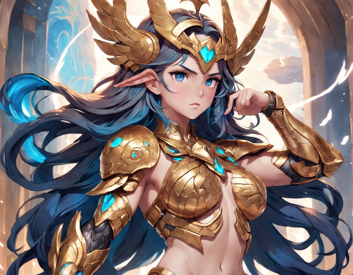 NSFW, Greek female god in intricate armor, luminous skin, Wild flowing hair, tattoo on arms, Big-breasted, artgerm, Hyper-detailed, Intricate, detailed art, trendy in triadic Artstation colors, intricate detials, 8K resolution