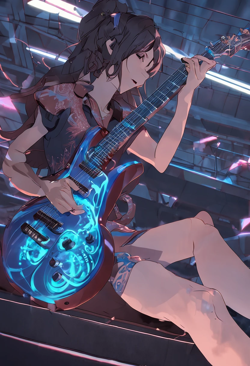 Japanese anime illustration style, Guitar Playing, Blue guitar, Ibanes, shoulder length messy hair, (((Sad: 1.5))), full bodyesbian, anime big breast, Super beautiful, Ultra detailed paintings, concept-art, 4K 分辨率, Fractal isometric detailed bioluminescence, 3D rendering of,. rendering by octane, Cinematic,