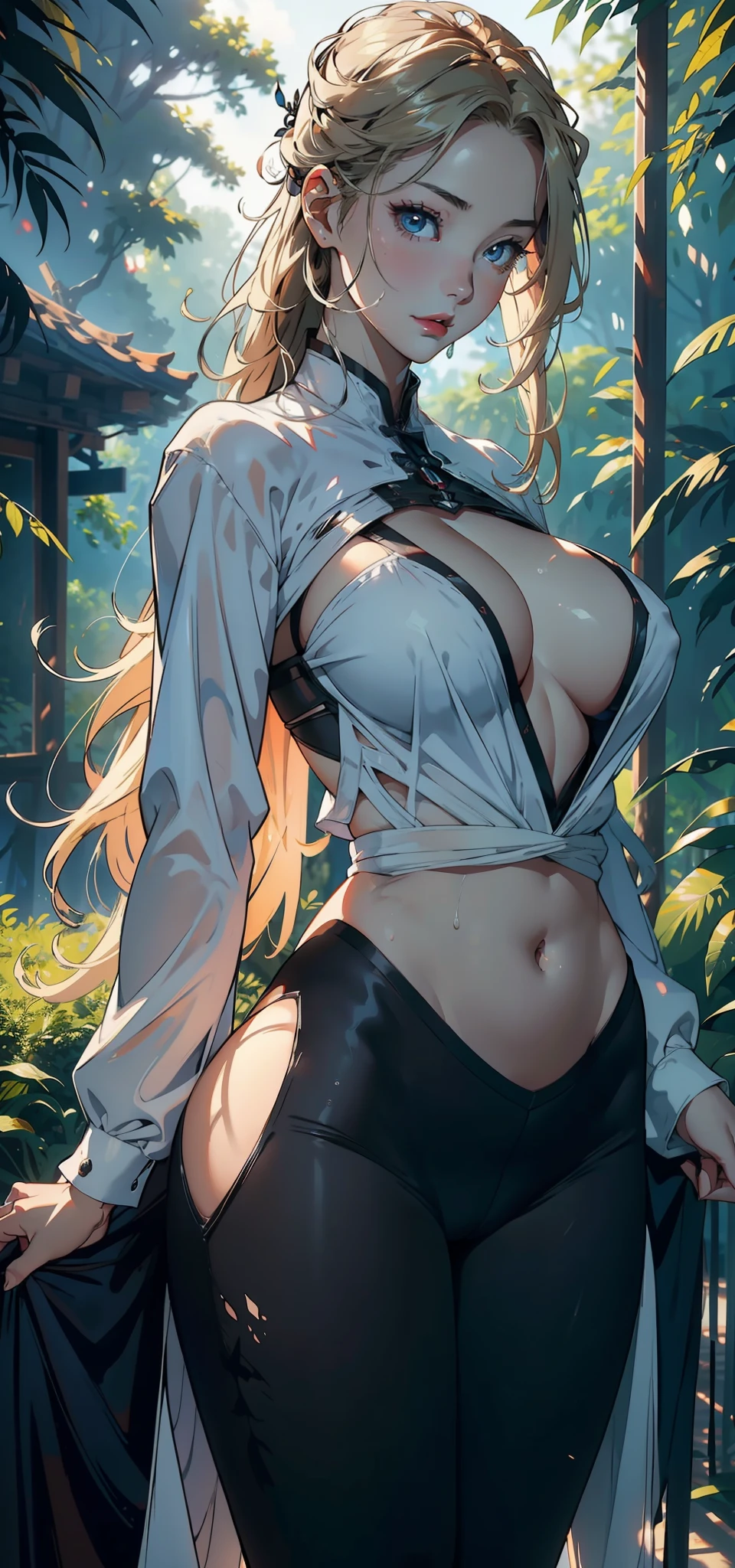 1female,35yo,熟妇,gigantic cleavage breasts,Big breasts Thin waist,slenderlegs,Pornographic exposure, 独奏,(Background with:ln the forest,the rainforest,in summer) She has long blonde hair,standing on your feet,Sweat profusely,drenched all over the body,seen from the front, hair straight, mostly cloudy sky,(((tmasterpiece),(Very detailed CG unity 8K wallpaper),best qualtiy,cinmatic lighting,detailed back ground,Sparks surround,Force burst,beatiful detailed eyes,Bright pupils,blue color eyes,Redlip(Very fine and beautiful),(Beautiful and detailed eye description),ultra - detailed,tmasterpiece,)),facing at camera,A high resolution,ultra - detailed),revealing breasts,Bare genitalia, Lower body elevation,Raised sexy,Camel toes,Flushed complexion,Open-mouthed,frontage,,Iron Man uniform(Wearing:White loose shirt,Black tights,revealing breasts,White cloak),