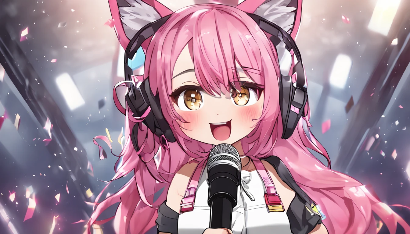 Cat ears, Pink hair, Chibi Face, Chibi Body,Idol,stage,microphone,Singing,full bodyesbian