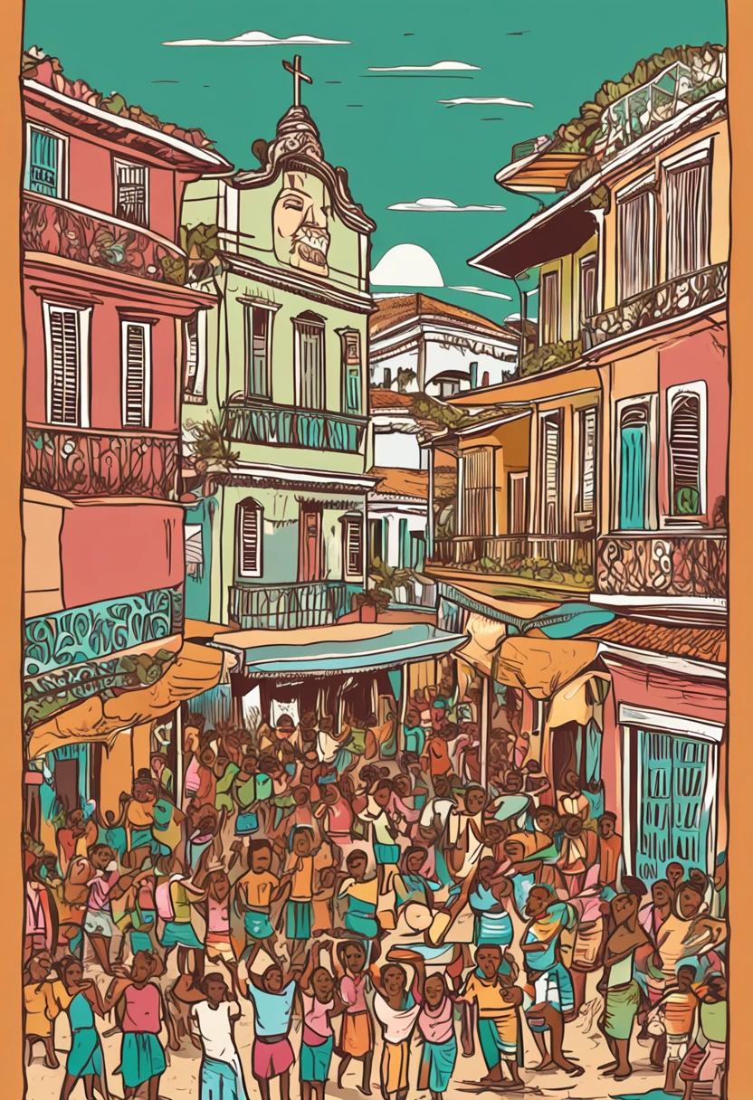 Generate a visual representation that captures the essence of the state of Sergipe, no nordeste do Brasil. Imagine a scene that celebrates the rich culture and history of the region. Visualize um mercado colorido e animado, repleto de barracas que exibem frutas tropicais vibrantes, Local handicrafts and typical dishes of Sergipe cuisine. No centro da cena, Highlight a group of dancers performing a forró performance, a traditional dance of the region. Ao fundo, pinte um panorama pitoresco que inclui a costa sergipana, with its tranquil beaches and stunning cliffs. The sun shines in the sky, illuminating the landscape and creating reflections in the calm waters of the sea. Incorpore elementos da arquitetura colonial, com casas coloridas e detalhadas, reminiscent of the historical cities of Sergipe. The image should convey the feeling of warmth, alegria, cultural diversity and connection with nature that defines the experience of Sergipe.