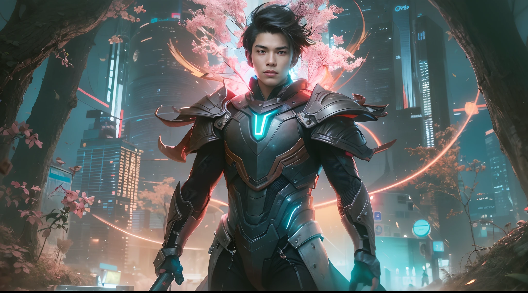 1boy, photo of very very handsome suave smiling young 25-year-old male Chinese prince, clothed in futuristic cybernetic armor, wearing a large futuristic crown, walking in an ethereal enchanted forest with neon glowing flowers and a rainbow in the sky, sci-fi, intricate, neon light, ((perfect face)), ((perfect hands)), ((perfect body)), ((correct anatomy)), ((ultra-realistic)), ((8k, UHD)), highly detailed, digital painting, artstation, concept art, human anatomy, soft light, smooth, illustration, art by tian zi and craig mullins and WLOP and alphonse mucha