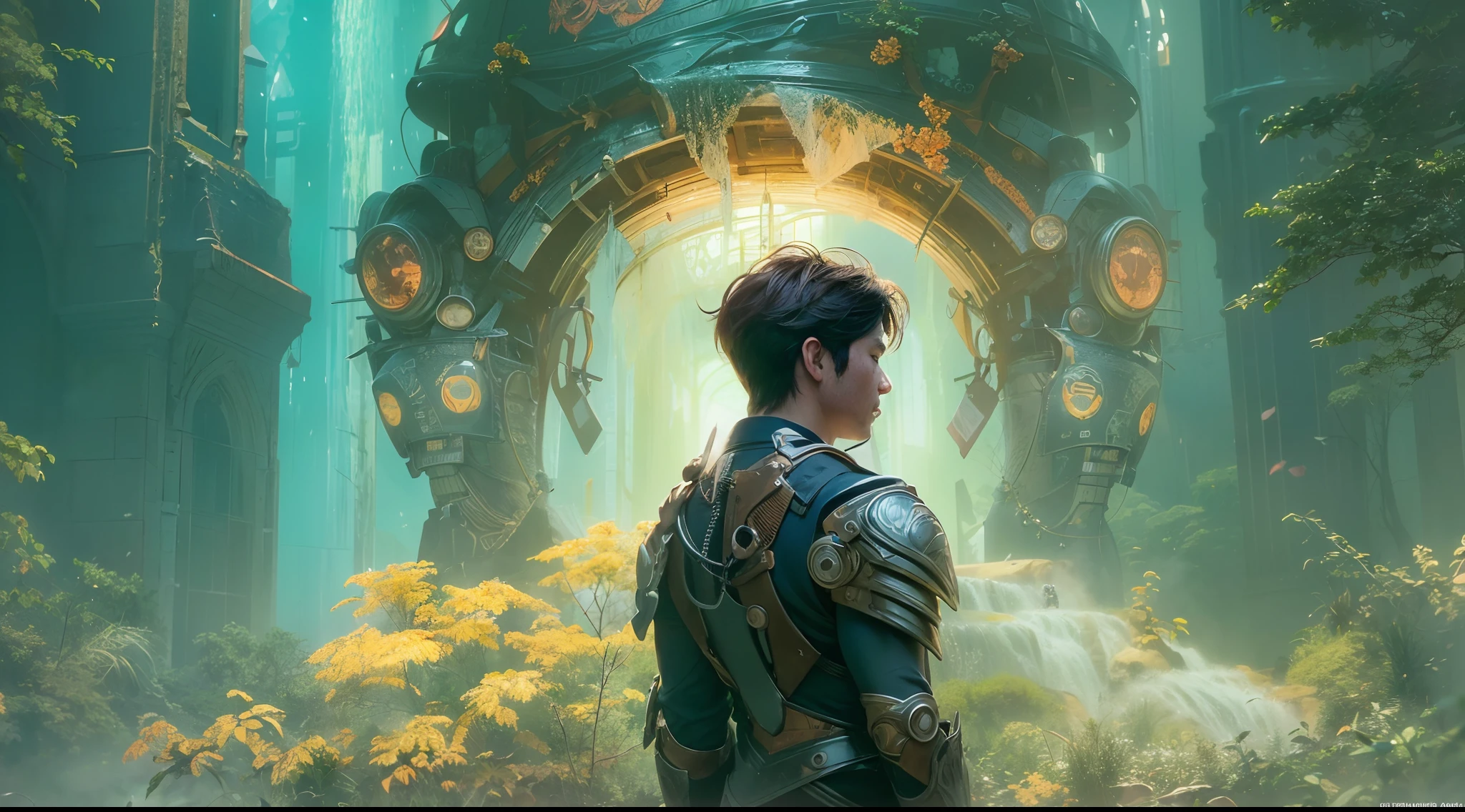1boy, photo of very very handsome suave smiling young 25-year-old male Chinese prince, clothed in futuristic cybernetic armor, wearing a large futuristic crown, walking in an ethereal enchanted forest with neon glowing flowers and a rainbow in the sky, sci-fi, intricate, neon light, ((perfect face)), ((perfect hands)), ((perfect body)), ((correct anatomy)), ((ultra-realistic)), ((8k, UHD)), highly detailed, digital painting, artstation, concept art, human anatomy, soft light, smooth, illustration, art by tian zi and craig mullins and WLOP and alphonse mucha