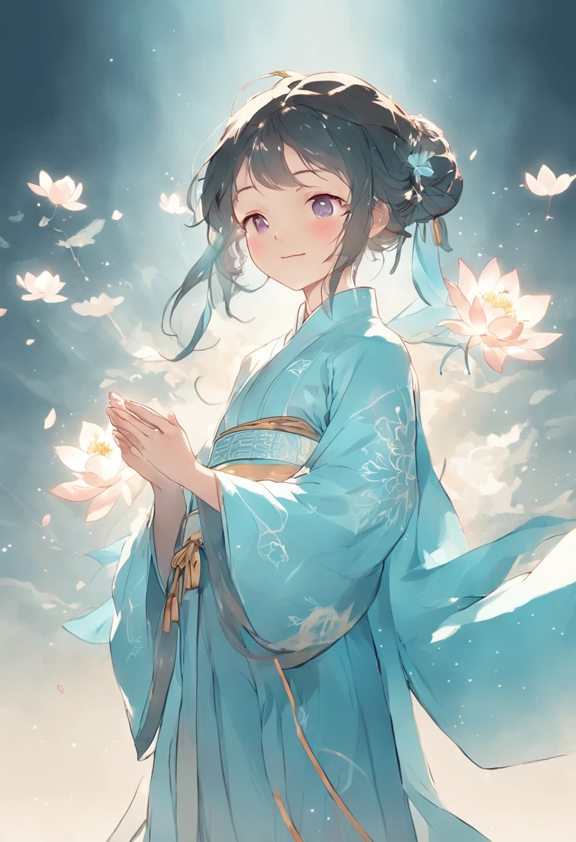 Ancient Chinese girl in light blue Hanfu smiling,Prayers are surrounded. Huge lotus flower, ,The median is transparent/Translucent pink lotus, soft, Glow,author:Yumei, Light, light blue and white, Simple white background, surrealist, , Super detail, Textured skin, 8K ,cheerfulness,Bright, Sunny, Warm and sunny,Veiled face,Many petals are falling, North and South Dynasties,Hanfu, Very simple wind, Line,Chibi anime style,Hand detail