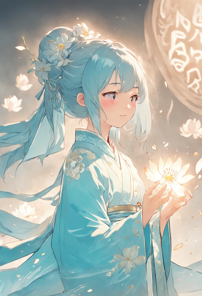 Ancient Chinese girl in light blue Hanfu smiling,Prayers are surrounded. Huge lotus flower, ,The median is transparent/Translucent pink lotus, soft, Glow,author:Yumei, Light, light blue and white, Simple white background, surrealist, , Super detail, Textured skin, 8K ,cheerfulness,Bright, Sunny, Warm and sunny,Veiled face,Many petals are falling, North and South Dynasties,Hanfu, Very simple wind, Line,Chibi anime style,Hand detail