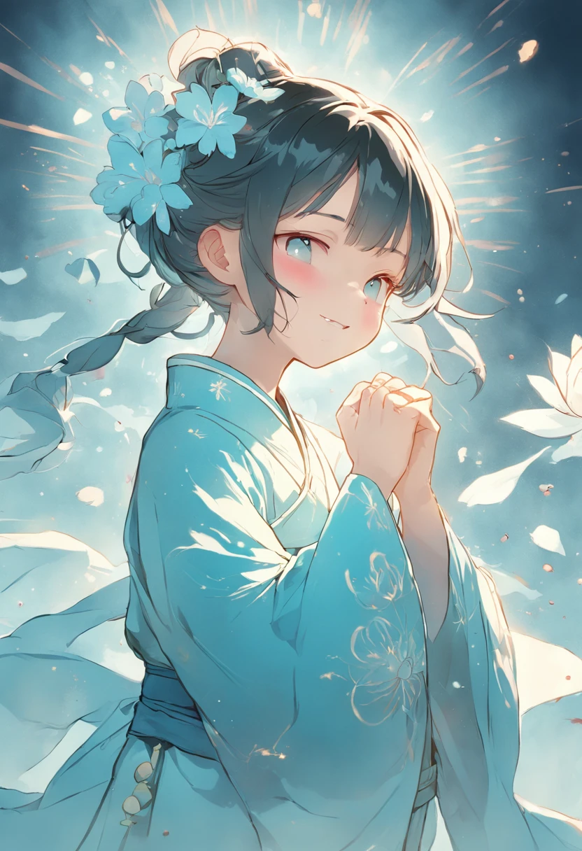 Ancient Chinese girl in light blue Hanfu smiling,Prayers are surrounded. Huge lotus flower, ,The median is transparent/Translucent pink lotus, soft, Glow,author:Yumei, Light, light blue and white, Simple white background, surrealist, , Super detail, Textured skin, 8K ,cheerfulness,Bright, Sunny, Warm and sunny,Veiled face,Many petals are falling, North and South Dynasties,Hanfu, Very simple wind, Line,Chibi anime style,Hand detail