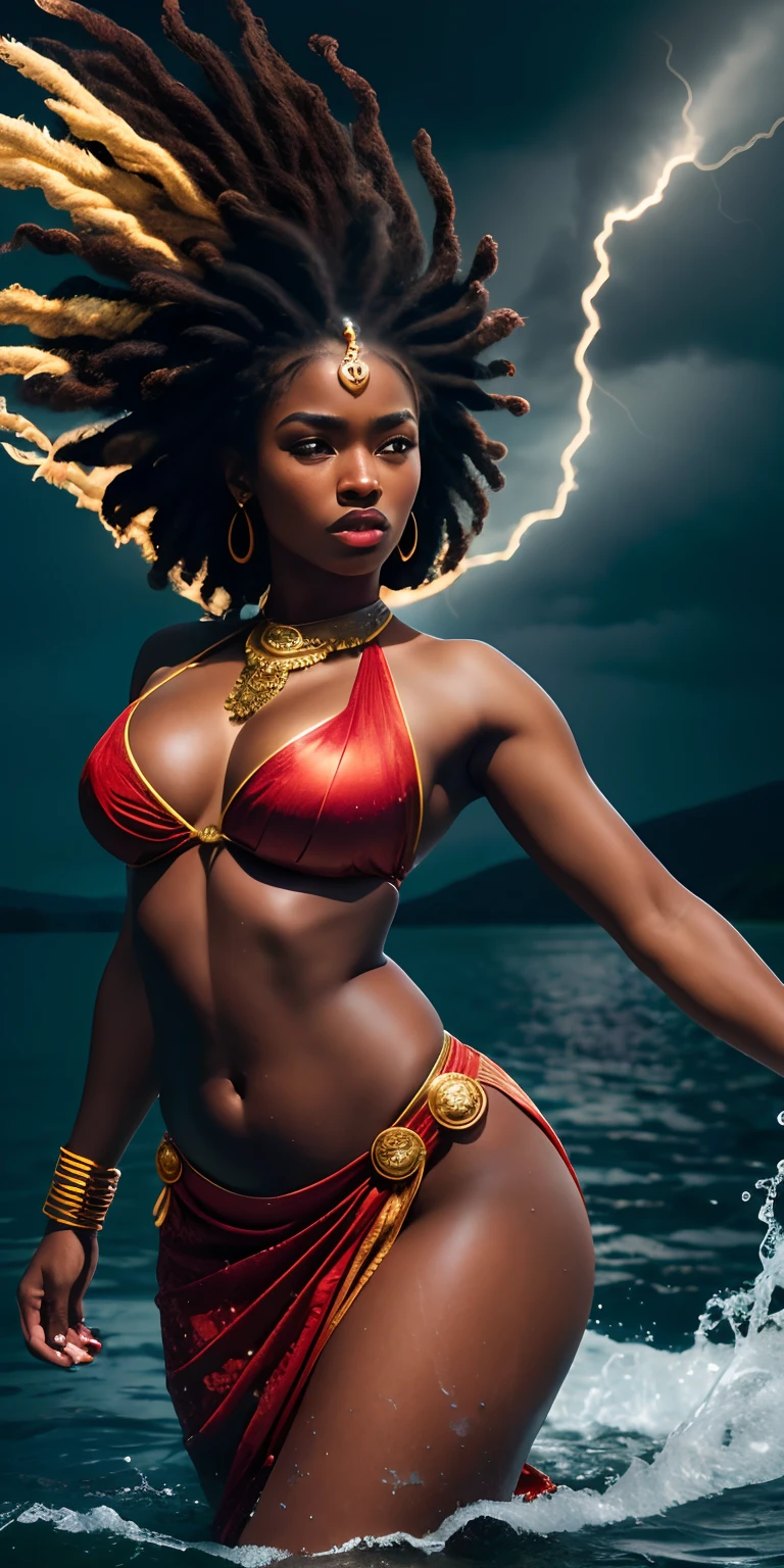 1girl, 25 year old, black skin, Athena goddess of war, mami water (Mermaid), Okavango delta, Ancient alien goddess, slim waist, large hips, floating in the air, dread locks, red dress, particles, stream of water in the air, water bending, storm, menacing, bare footed, looking at the audience, 8k resolution, contempt, pride, Hyper realistic, Photography, Picture of the week, RAW, beautiful, ((detailed face:1.2)), ((detailed facial features)), (finely detailed skin), dark skin, damp, moist, reflections, (masterpiece) (perfect proportion)(realistic photo)(best quality) (detailed) photographed on a Canon EOS R5, 50mm lens, F/2.8, HDR, (8k) (wallpaper) (cinematic lighting) (dramatic lighting) (sharp focus) (intricate)