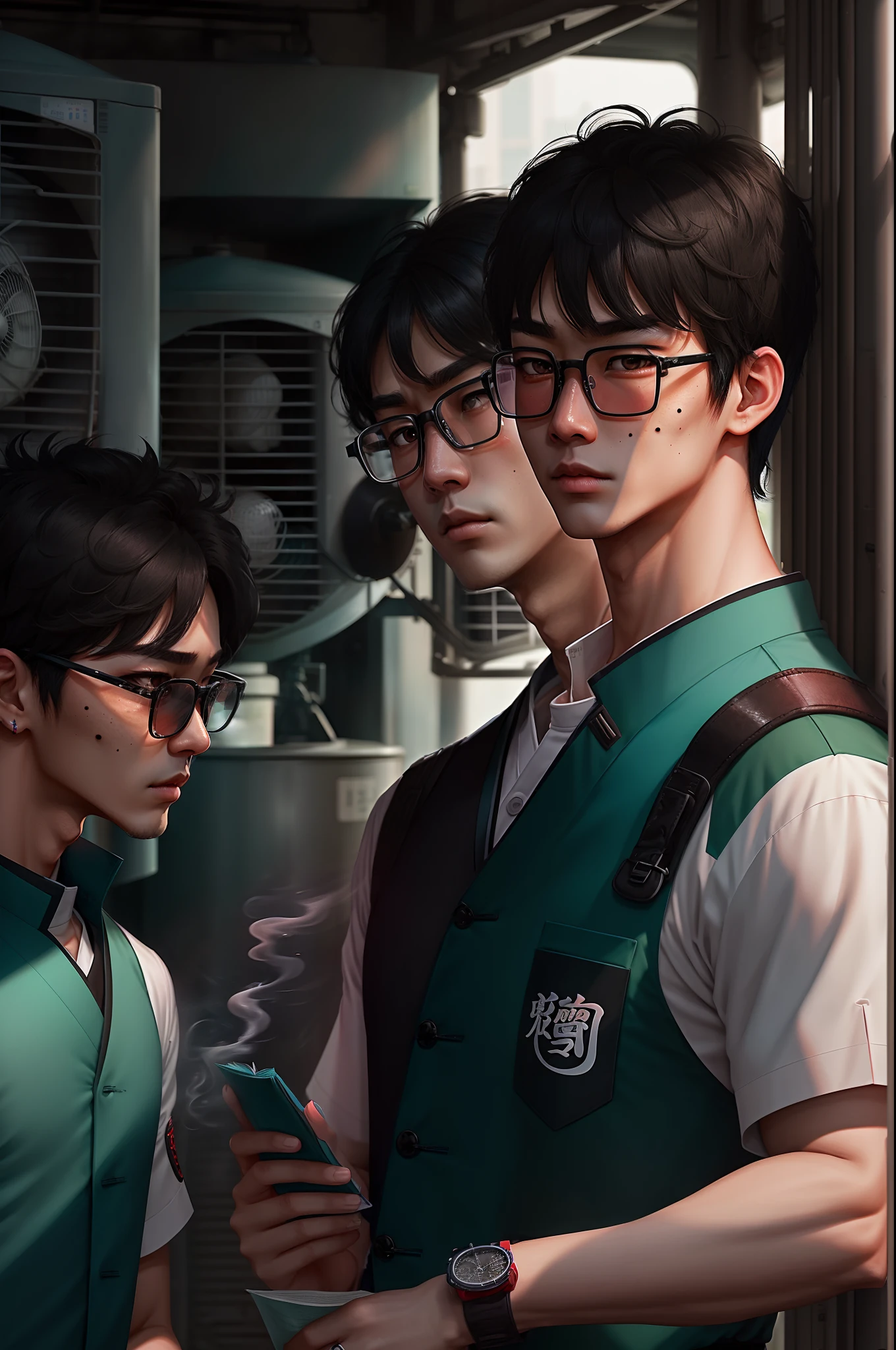 Two-dimensional novels，Smokey cyan glasses，Danfeng Eyes，Brown eyes，Short black hair differential crushed lid，tall nose bridge，thin lipss，185 men，juvenile sense，校服，Tall and fierce，Aircons，Mole on the wrist