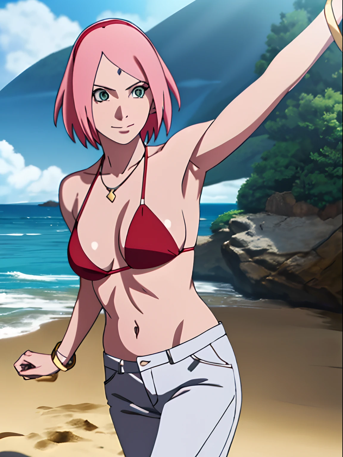 masterpiece, 4k, ultra hires, epic effects, portrait, official art, anime style, high brightness, best quality, 1girl, flexing arm muscles, haruno sakura, cowboy shot, professional artwork, detailed beach background, intricate details, colorful, digital blending, (ultra detailed body, ultra detail hair, ultra detail face), trending on pixiv,
hot smile, (forehead mark, milf, red hairband, pale skin, small breasts, short hair, ((red bikini, micro bikini top, bikini top only), (gold necklace), white pants), (fat belly, belly lines, navel, belly button, bracelet, pink hair, open eyes, big eyes), smile, beach, wind, floating hair, detailed arms, off-shoulders, closed fist, broad shoulders, slightly muscular arms, (dirty armpits, armpit pocket), standing)