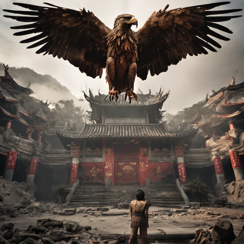 Cinematic image effects,对称,Chinese mythology and stories,Journey,The demon king of the golden-winged eagle,head of an eagle,closeup cleavage,Open your mouth,tosen,Surrounded by bloody skulls,Fierce eyes,Blood,A mouth full of blood,Dripping blood,Puffing,Super huge wings,Thick feathers,feater,Super close,Sharp focus,best qualtiy,of a real,Facial features are carefully depicted,Realistic skin texture,Dark style,depth of fields,high light,Real light,Ray traching,oc rendered,Hyper-realistic,best qualtiy,8K,Works of masters,super-fine,Detailed pubic hair,Correct anatomy,sharp focus on eyes,Bokeh,Facial features are carefully depicted