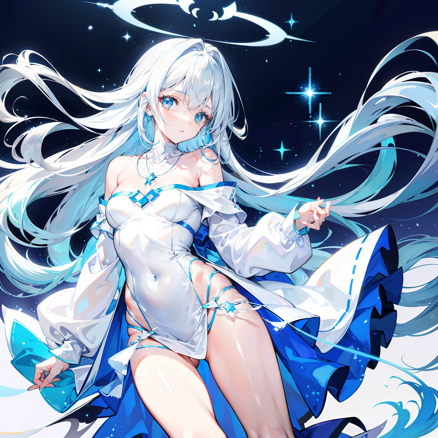 Long light blue and white hair,A silver necklace that shines like a star,Delicate makeup and glossy face,rcasual, Loose and simple cream sweatshirt,Slim and smooth legs,is a sweet girl