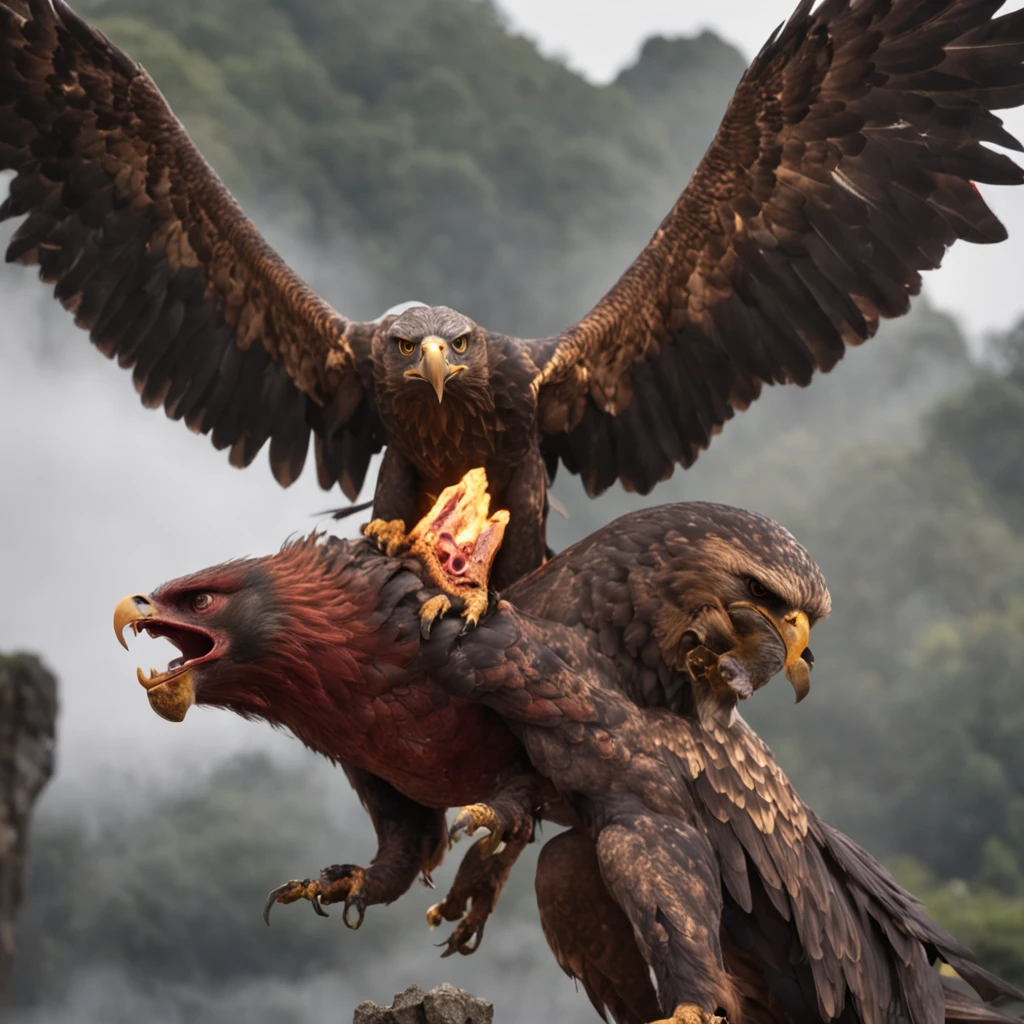 Cinematic image effects,对称,Chinese mythology and stories,Journey,The demon king of the golden-winged eagle,head of an eagle,closeup cleavage,Open your mouth,tosen,Surrounded by bloody skulls,Fierce eyes,Blood,A mouth full of blood,Dripping blood,Puffing,Super huge wings,Thick feathers,feater,Super close,Sharp focus,best qualtiy,of a real,Facial features are carefully depicted,Realistic skin texture,Dark style,depth of fields,high light,Real light,Ray traching,oc rendered,Hyper-realistic,best qualtiy,8K,Works of masters,super-fine,Detailed pubic hair,Correct anatomy,sharp focus on eyes,Bokeh,Facial features are carefully depicted