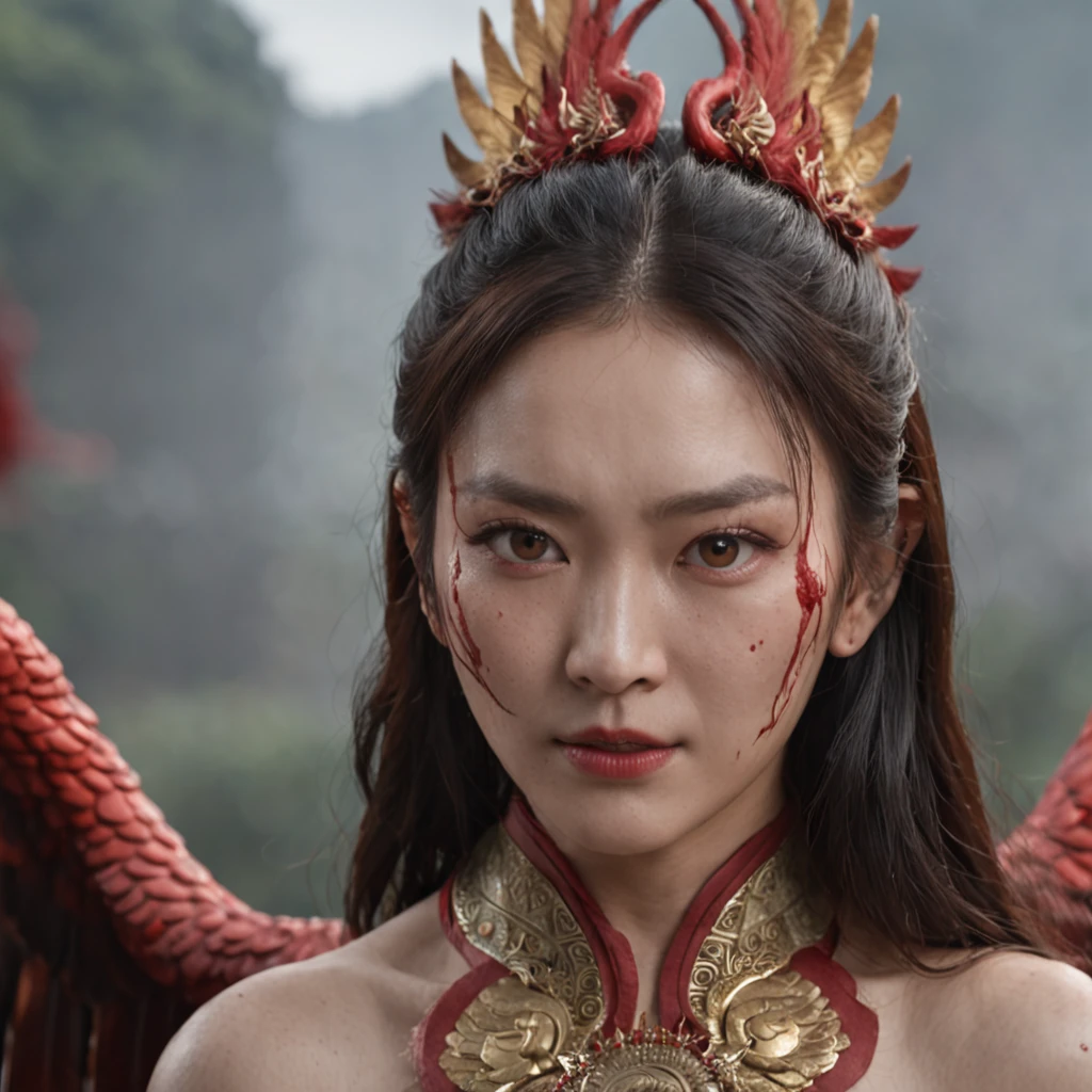 Cinematic image effects,对称,Chinese mythology and stories,Journey,The demon king of the golden-winged eagle,head of an eagle,closeup cleavage,Open your mouth,tosen,Surrounded by bloody skulls,Fierce eyes,Blood,A mouth full of blood,Dripping blood,Puffing,Super huge wings,Thick feathers,feater,Super close,Sharp focus,best qualtiy,of a real,Facial features are carefully depicted,Realistic skin texture,Dark style,depth of fields,high light,Real light,Ray traching,oc rendered,Hyper-realistic,best qualtiy,8K,Works of masters,super-fine,Detailed pubic hair,Correct anatomy,sharp focus on eyes,Bokeh,Facial features are carefully depicted