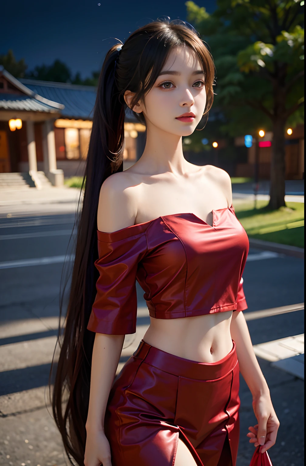 best qualtiy,sface focus,Look at the audience head-on,the soft light,(depth of fields),超高分辨率,(Photorealsitic:1.4),RAW photos,Bigchest,Red clothes,Open navel,Bare shoulders,By bangs,Long ponytail hairstyle,(sportrait:1.4),(From the front side)1girll,独奏,adolable,(Shy,ssmile:1.1),(with brown eye),Detailed beautiful face,(mid day_Hair), moon in the night,Walk,(off-the-shoulder shirts),