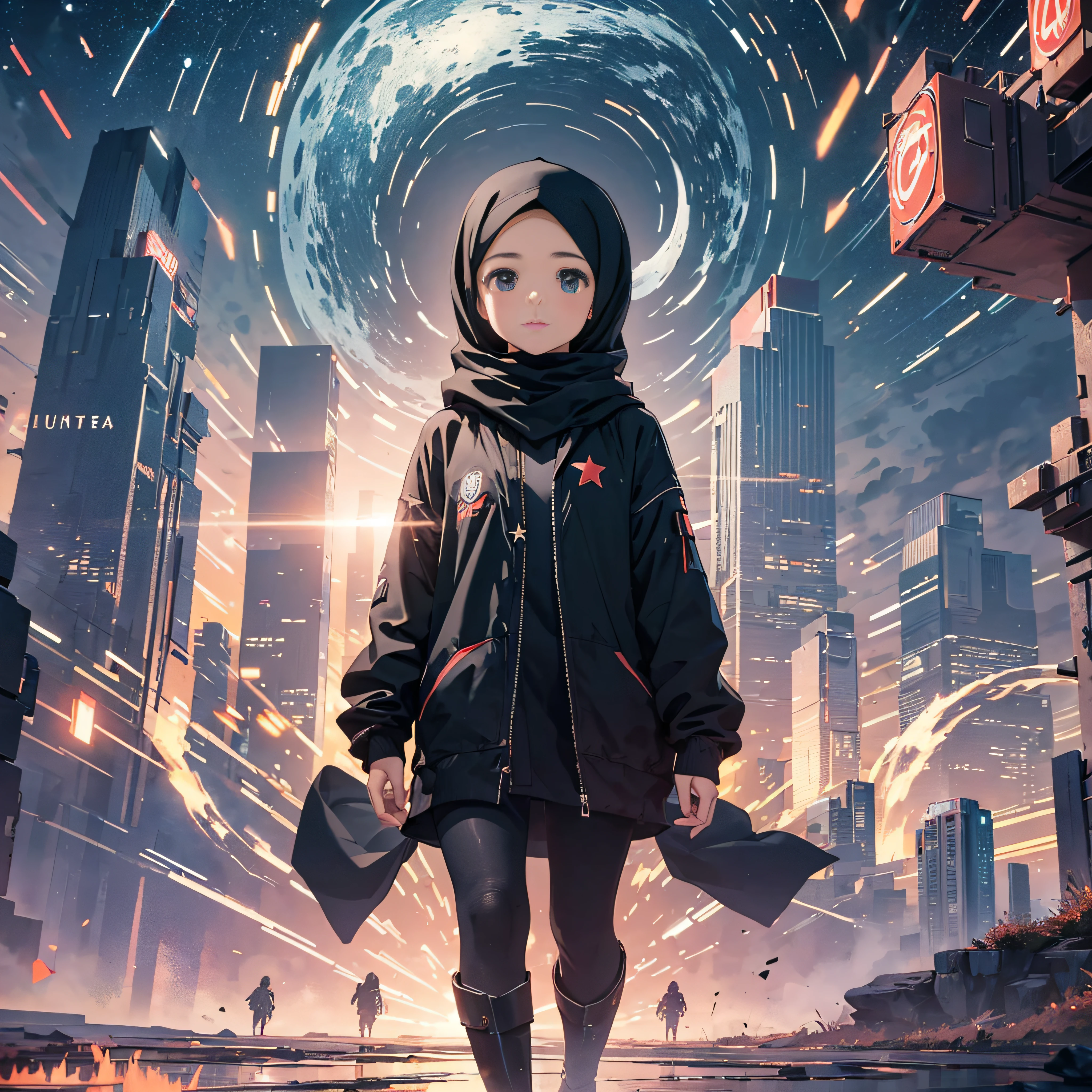 ((Best Quality, 8K, Masterpiece: 1.3)), landscape, morning shoot, star trail, slow speed, standing young girl with black hijab, in the future city, futures, look at the stars, amazing scenery, hundreds of stars forming a circle