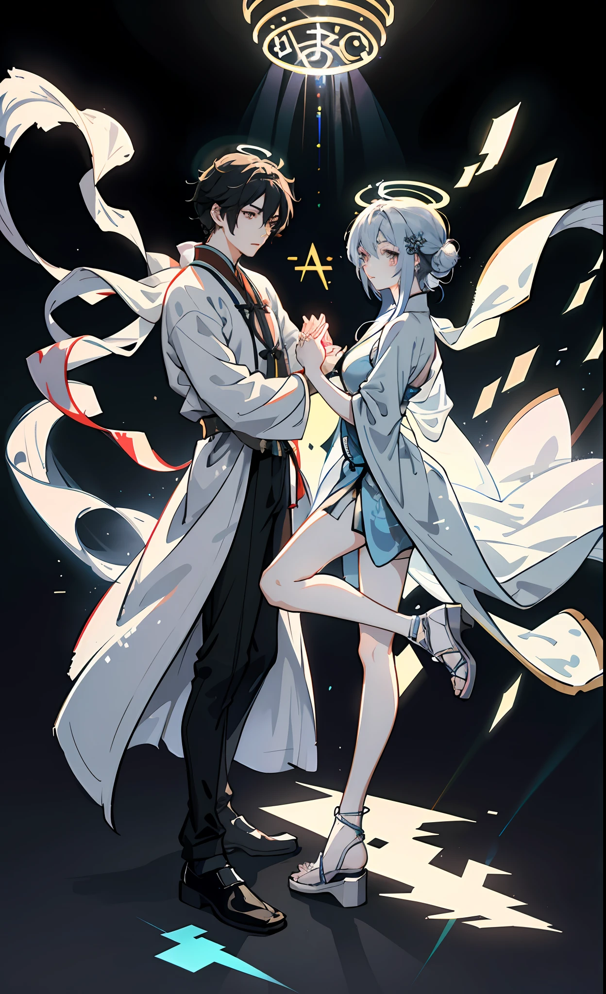 A handsome Chinese boy and girl, full body, looking at each other, gentle eyes, clear facial features, wearing Hanfu, body surrounded by white mist, runes around, holographic reality, holographic halo, motion blur, game light effects, edge light, soft light, movie edge light, delicate light