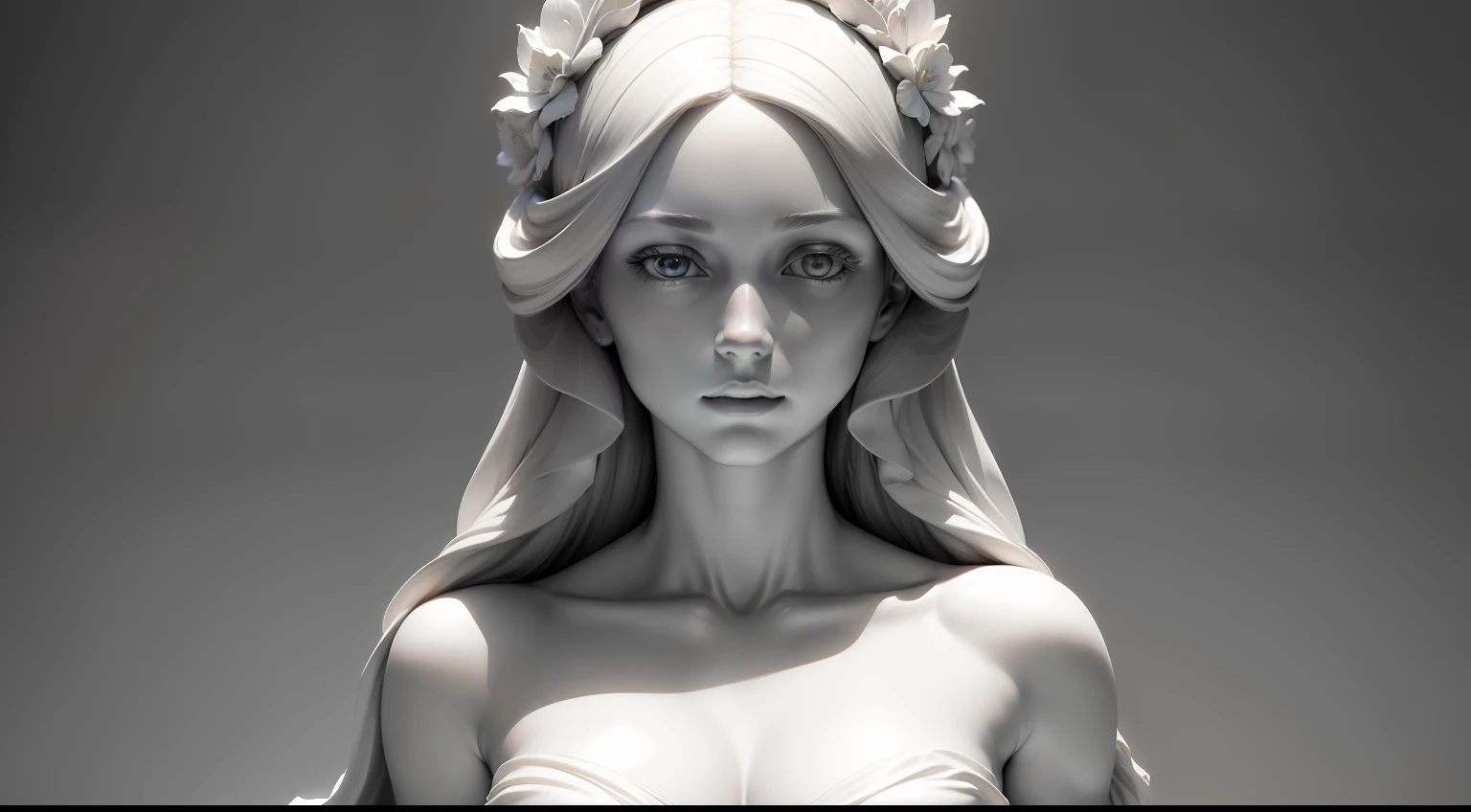 A hyper-realistic sculpture in black and white marble. It is the bust of a beautiful goddess, with delicate and feminine facial features. Seus cabelos cacheados caem suavemente sobre seus ombros. His expression is serene and ethereal. The sculpture captures the divine beauty of the goddess in an impeccable manner, with minute details in the folds of the fabric covering your torso and in the natural contours of your neck and shoulders. The play conveys an aura of mystery and grace. It is a high-relief sculpture worthy of the great Renaissance masters.