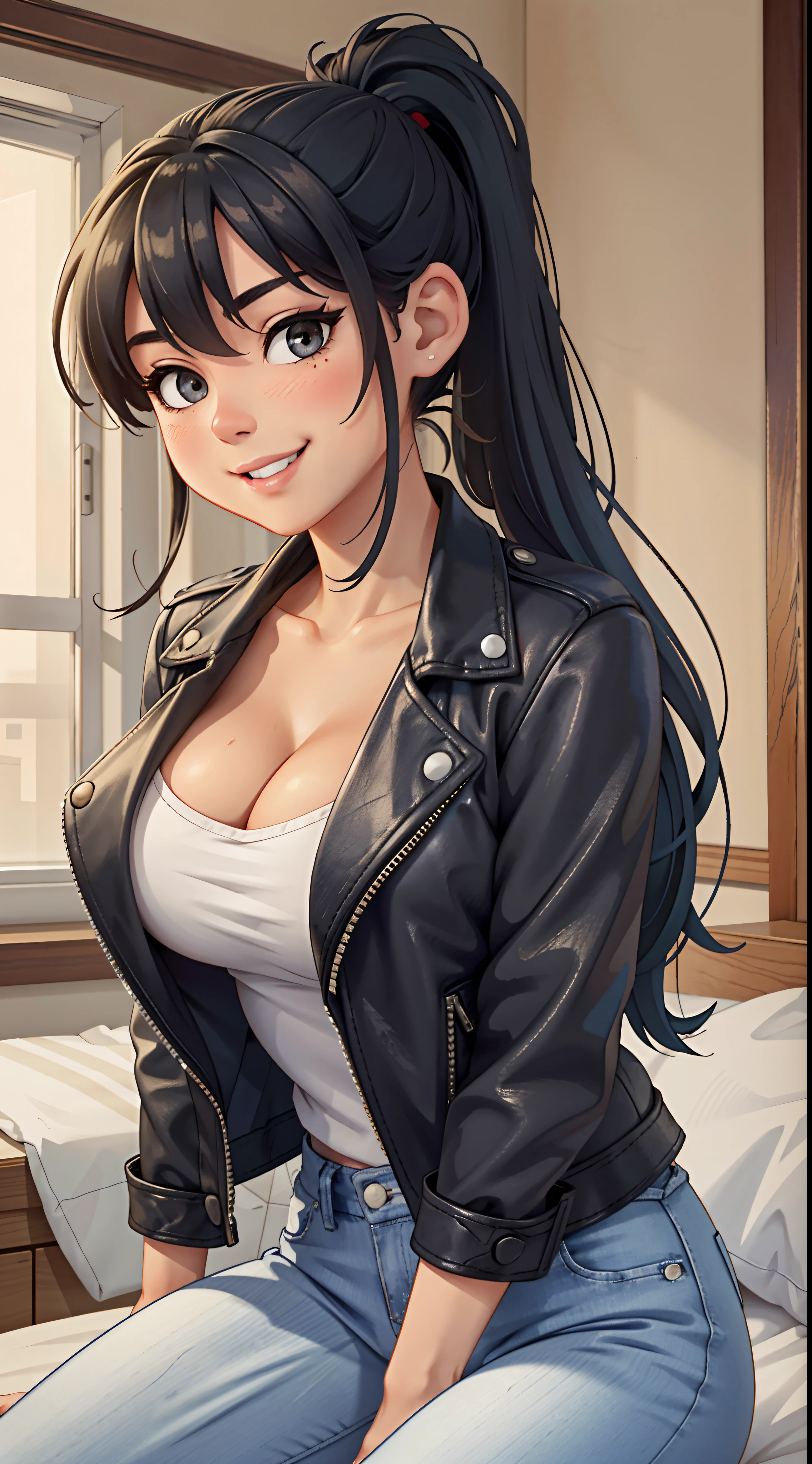 RAW photo, *subject*, (highly detailed skin: 1.2), 8k uhd, dslr, soft lighting, high quality, film grain, Fujifilm XT3, Chinese woman, round face, smiling, 1girl, solo, tube top, high ponytail, leather jacket, large breasts, jeans, front view, sitting on bed at home
