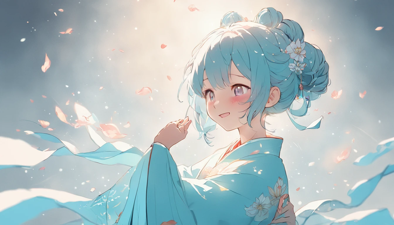 Ancient Chinese girl in light blue Hanfu smiling,Prayers are surrounded. Huge lotus flower, ,The median is transparent/Translucent pink lotus, soft, Glow,author:Yumei, Light, light blue and white, Simple white background, surrealist, , Super detail, Textured skin, 8K ,cheerfulness,Bright, Sunny, Warm and sunny,Veiled face,Many petals are falling, North and South Dynasties,Hanfu, Very simple wind, Line,Chibi anime style,Hand detail