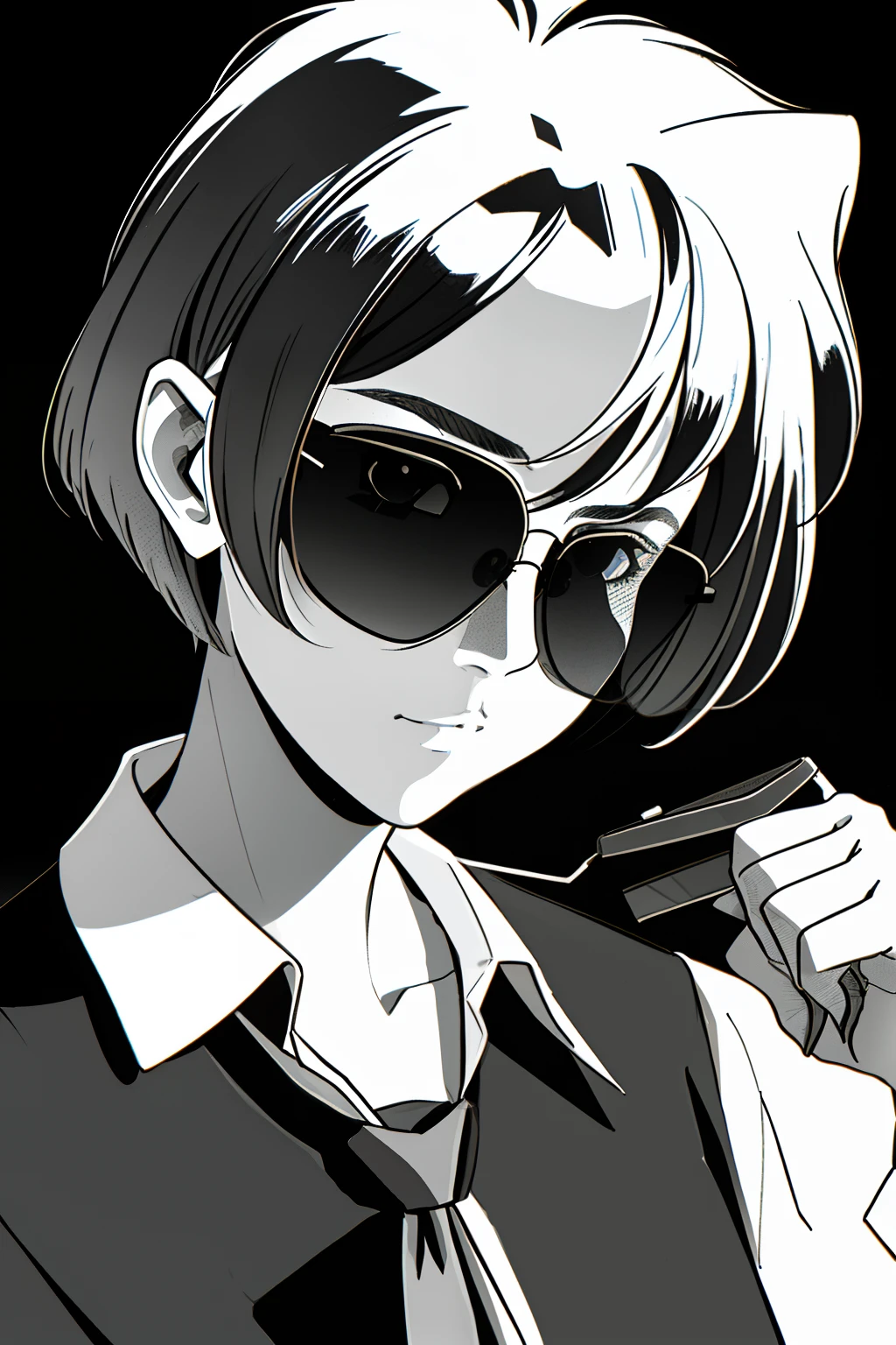 a 1girl, close up face, s face, very detail, a lot of details, (ciberpunk), very extremely beautiful,  ((tmasterpiece, minimalism)), Old Anime Style, (Short Hair Hair, Sunglasses, Sunglasses with glasses, Sunglasses), tie, Shirt