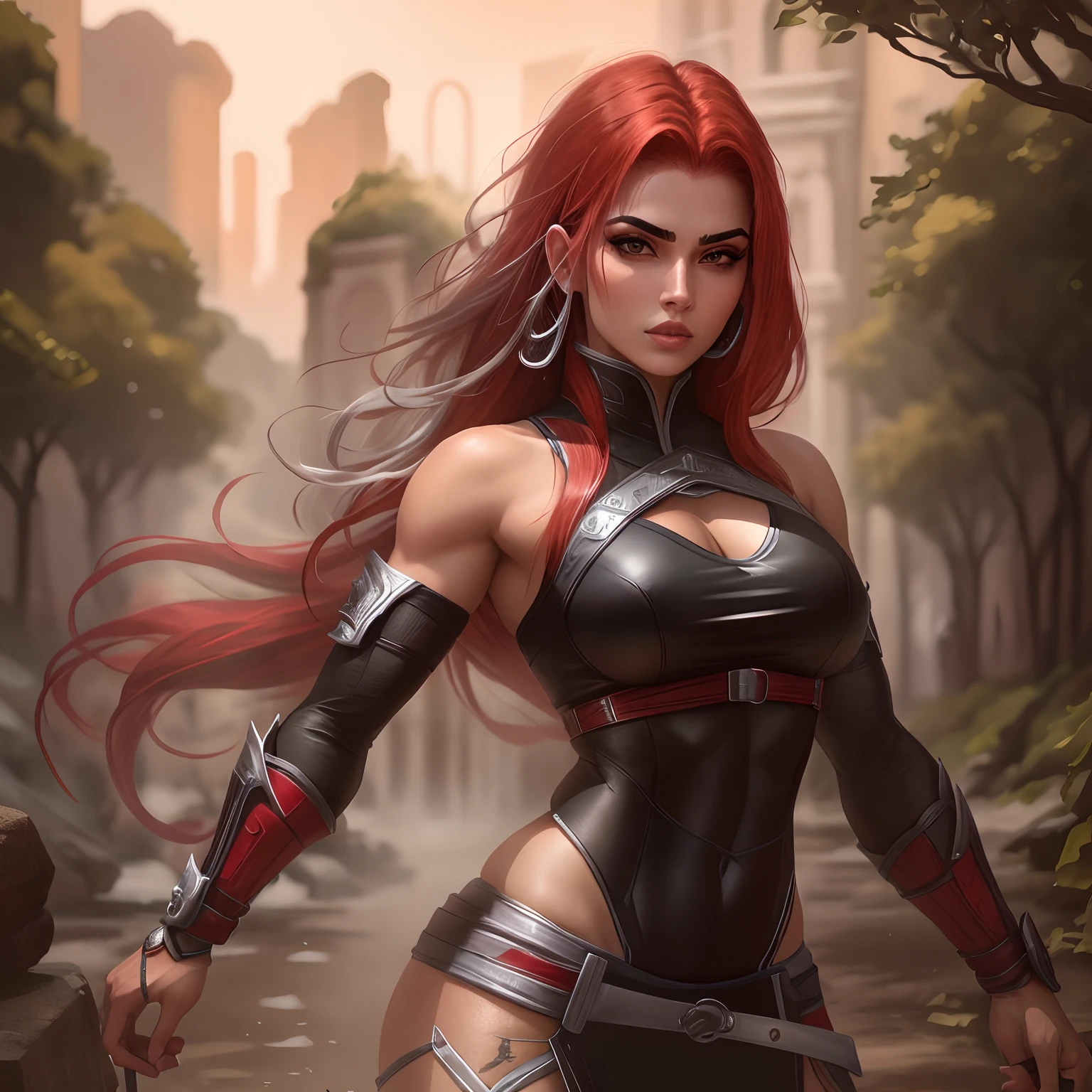 Guerreira, mulher ocidental, mulher bonita, mulher jovem, mulher branca, Branco_Woman, mulher de cabelo vermelho longo, cabelo solto, red_hair, cinza_olho, Black ninja clothes with silver accessories, cobrindo a barriga, roupa delicada, peitos grandes, Estilo Mortal Kombat, Personagem de Mortal Kombat, realista, 1girl, jardim de fundo