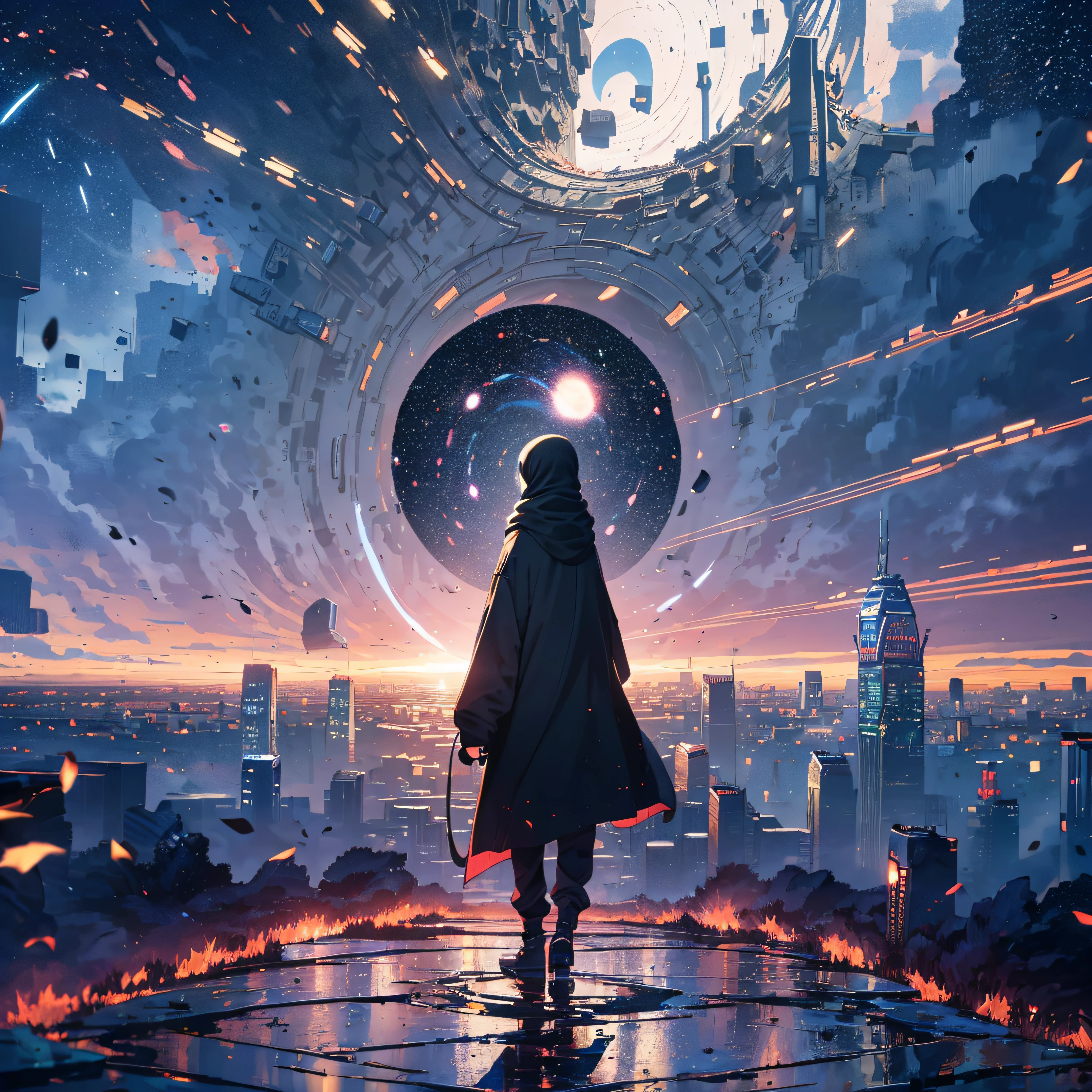 ((Best Quality, 8K, Masterpiece: 1.3)), landscape, morning shoot, star trail, 25 years old, slow speed, standing young girl with black hijab, in the future city, futures, look at the stars, amazing scenery, hundreds of stars forming a circle.