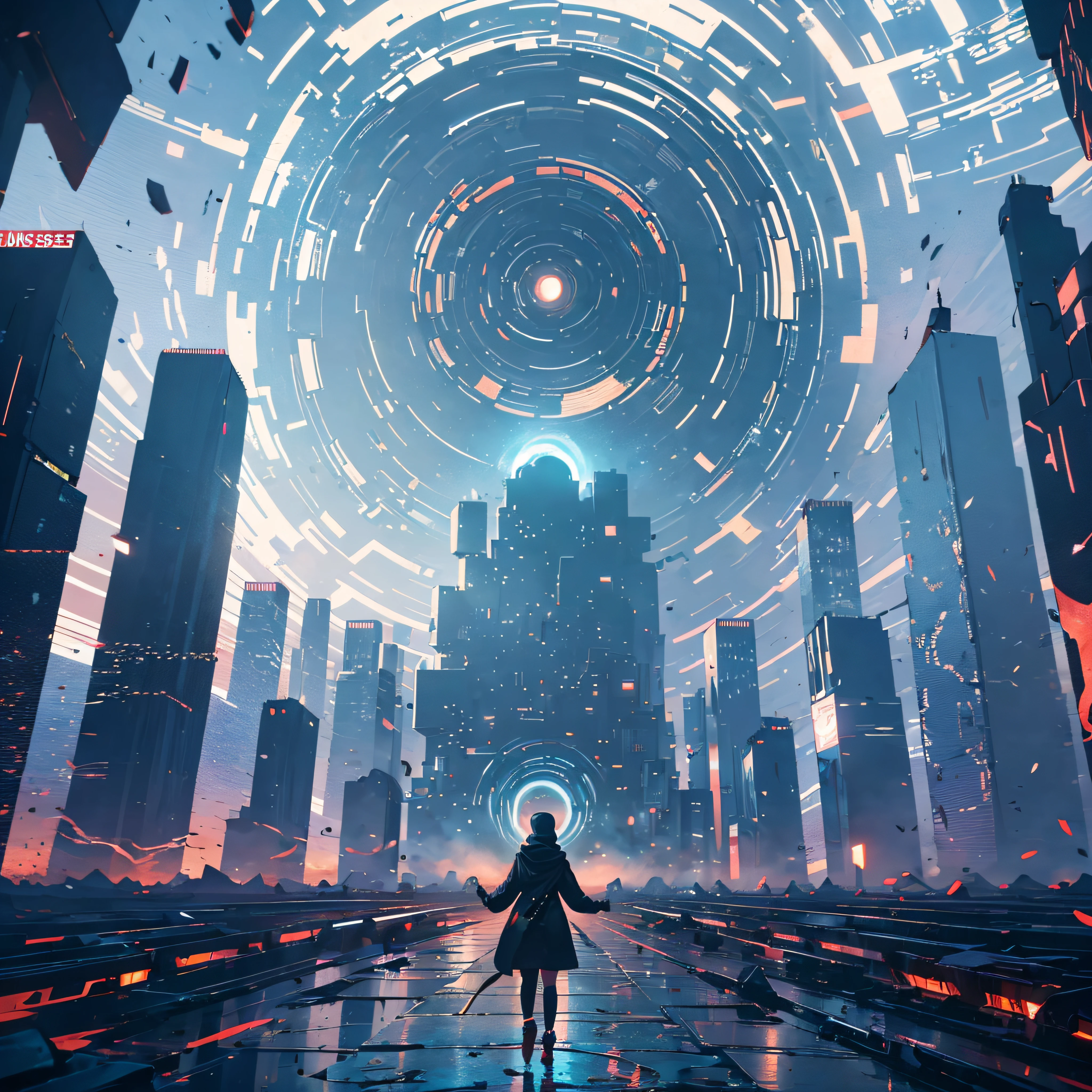 ((Best Quality, 8K, Masterpiece: 1.3)), landscape, morning shoot, star trail, 25 years old, slow speed, standing young girl with black hijab, in the future city, futures, look at the stars, amazing scenery, hundreds of stars forming a circle.