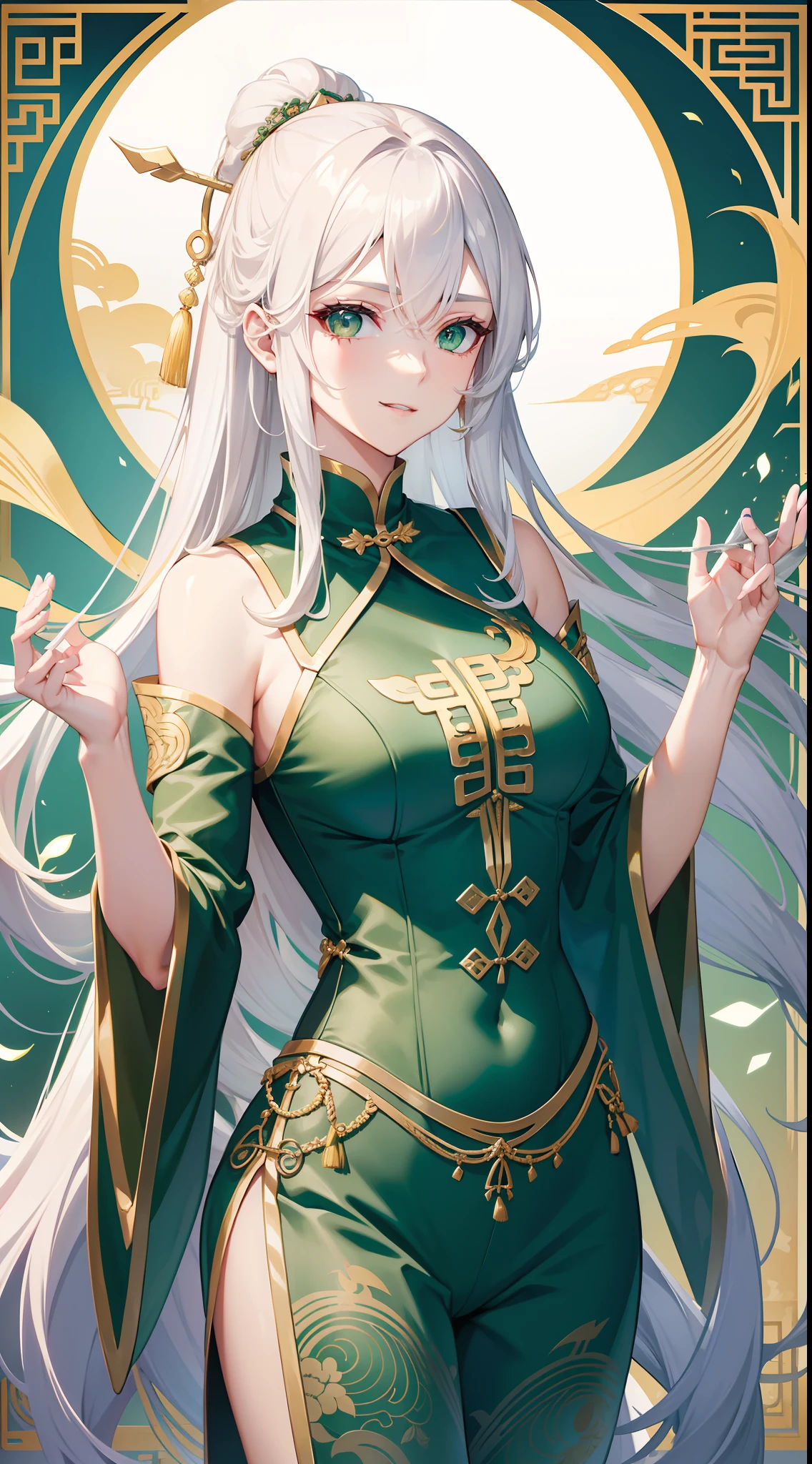 Adult woman, Long white hair, Green eyes, Green Chinese tight top, Chinese beautiful patterns, neckline on the chest, open breasts, baggy pants, Gold Elements, ssmile, Masterpiece, hiquality