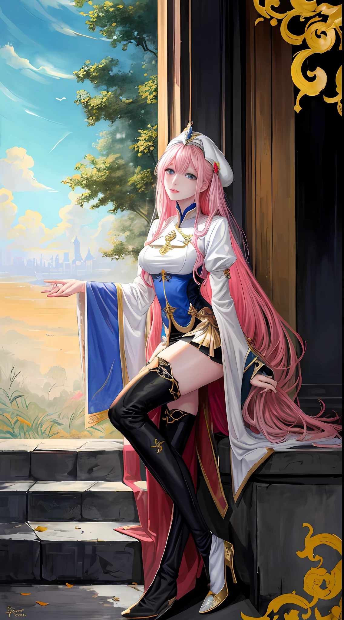 tmasterpiece， realisticlying， hentail realism， Forcing Allah righteousness， hight contrast， The trend of photorealistic digital art is in Artstation 8k HD HD with vivid details， young beautiful woman， Medium active breasts， （（eBlue eyes））， Pink hair with long knee hair， white Heels， White knee-high socks， （（high priestess））， parted lip， Artistic reproduction and surrealist paintings by Nguyen Jia and Gregrutkovsky， A detailed， skin textures， ultra - detailed， realistic skin textures， the sideview， trpical garden， DOA， low head， sitted，