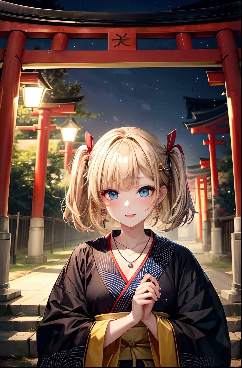 absurderes, (独奏:1.5,)ultra-detailliert,bright colour, extremely beautiful detailed anime face and eyes, view straight on, ;D, shiny_skin,25 years old, Shy face、Short hair, , asymmetrical bangs, Blonde hair with short twin tails, Shiny hair, Delicate beautiful face, red blush、(Blue eyes), White skin, hair clips, earrings, a necklace, 、Black and yellow kimono、Night shrine、Lots of torii gates
