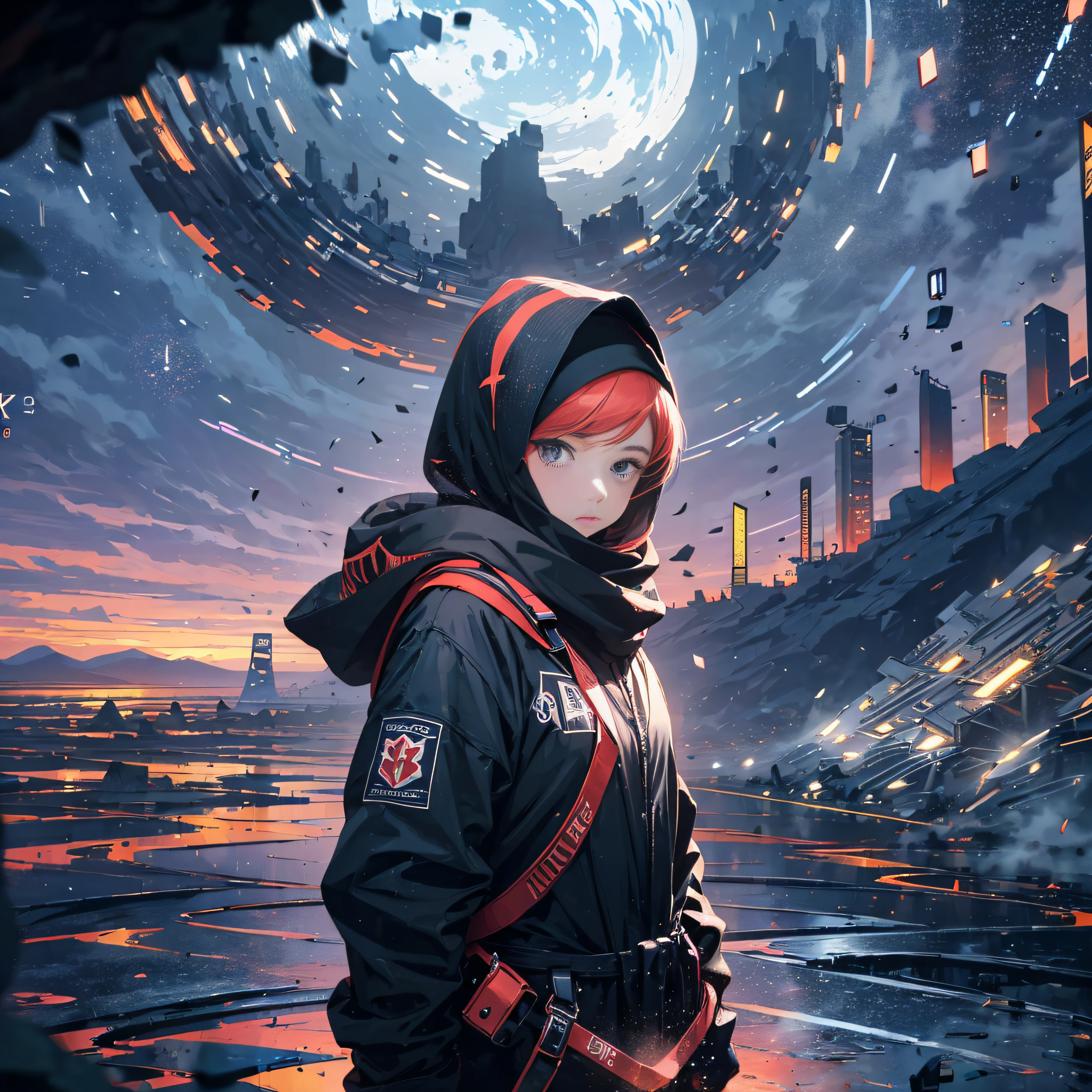 ((Best Quality, 8K, Masterpiece: 1.3)), landscape, morning shoot, star trail, 25 years old, slow speed, standing young girl with black hijab, in the future city, futures, look at the stars, amazing scenery, hundreds of stars forming a circle.