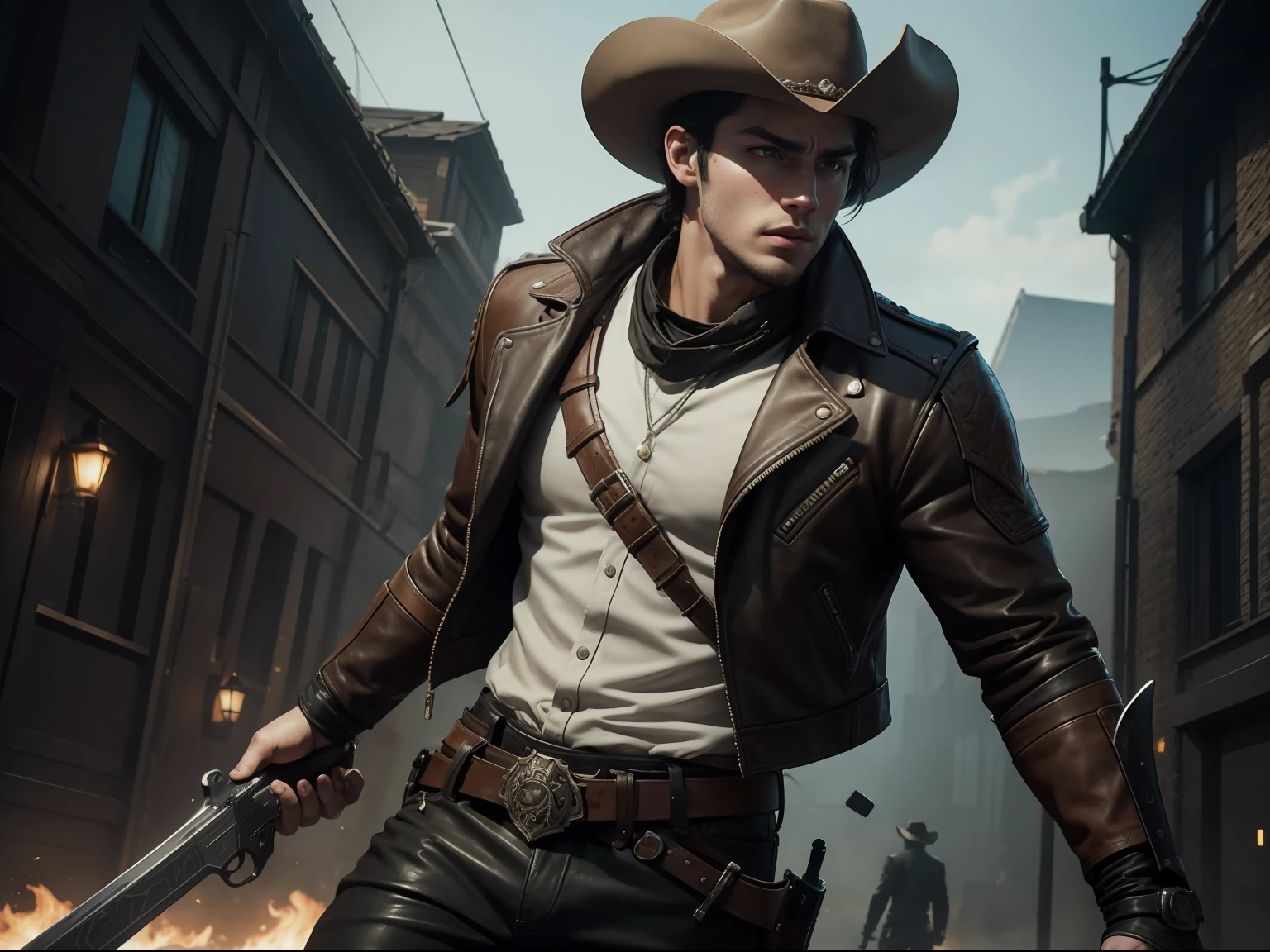 a handsome 25 years old British male monster hunter, with short black hair, pale skin, wearing a cowboy hat, brown leather jacket and black pants, holding handgun and sword, splash art style, battle ready pose, dynamic angle shot, photo realism, ambient lighting, intricate hand details, highly detailed, vibrant colors, cinematic, neoprene, featured on Unsplash, stylized digital art, 8k, trending on Artstation