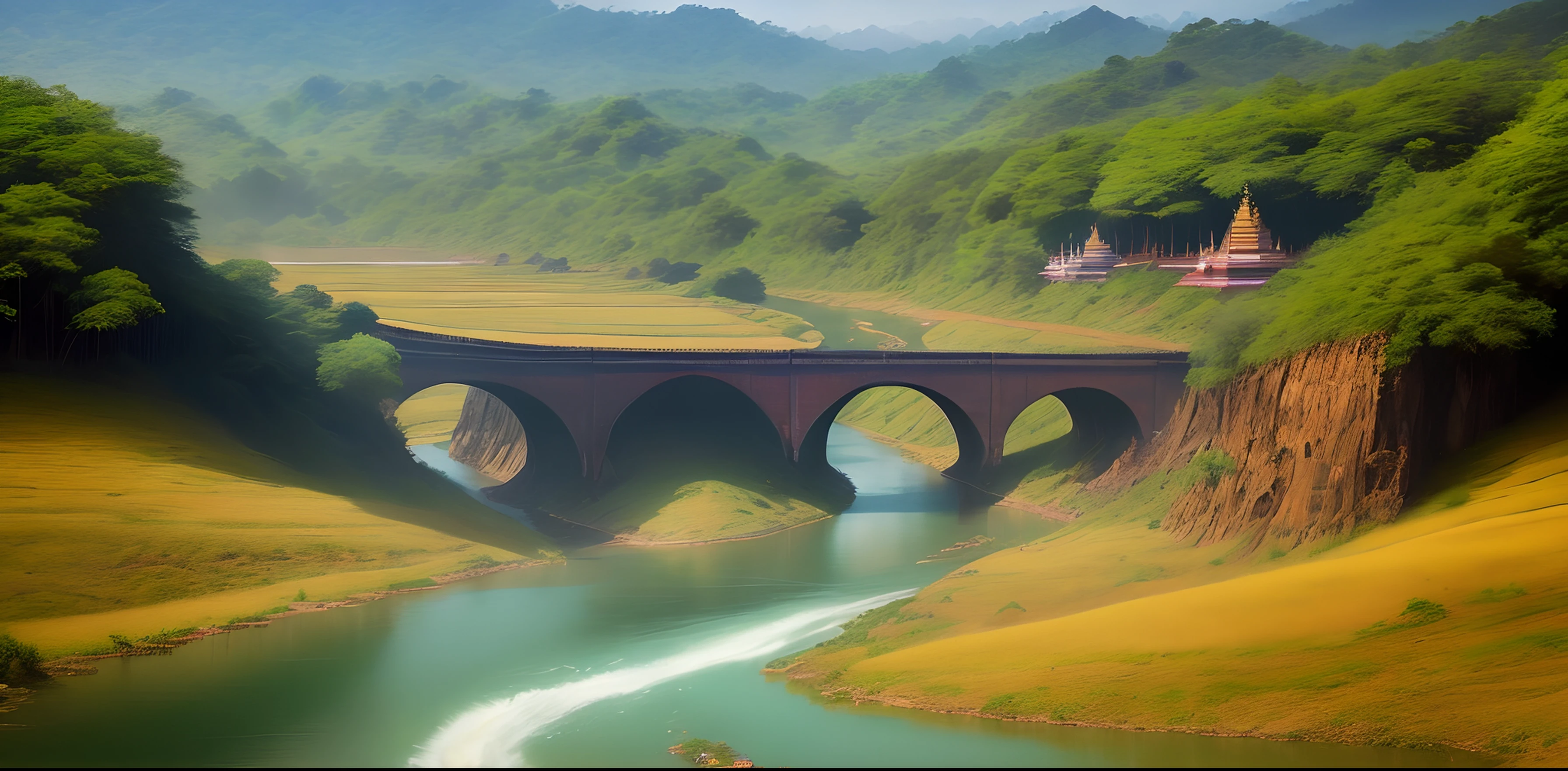 Create an evocative visual representation of the majestic Gangaw region in Myanmar, capturing its lush landscapes, winding rivers, and vibrant cultural essence."