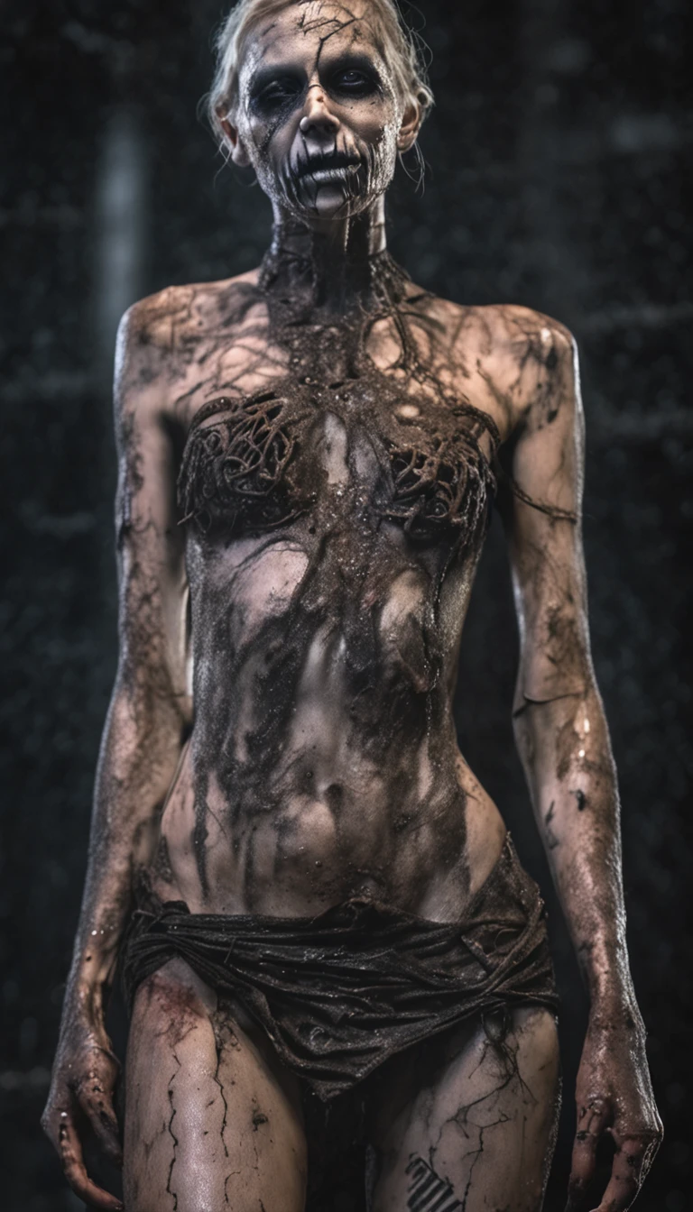 A masterpiece inspired by Hellraiser, h. P. Lovecraft and the Evil Dead 2013, Realistic whole body ((Hardbody piercings)) Photo of young wicked thin woman, Slim skinny young evil woman and hard body pierced without clothes ((Two young slim skinny young evil women, Full body piercing)), Decomposing, Draining the dark liquid from the decomposition body, 12K definition, Beautiful Cute Young Skinny Creepy Scary Evil Woman Psycho Monster Bat Full Body Glitter Translucent Pale Ghost Dark Evil Skin Snuggles Up Without Rotting Clothes, Very pierced body, Very complex scary face paint body paint is、Completely pierced with dark liquid, Detailed light ghostly dark liquid coming out of the eyes, Freaky shiny evil skinny emo, Dark shadow scene in a very creepy haunted house, Ultra-detailed, ((dark art)), Horror Swamp, full-body view, Head to toe, nffsw
