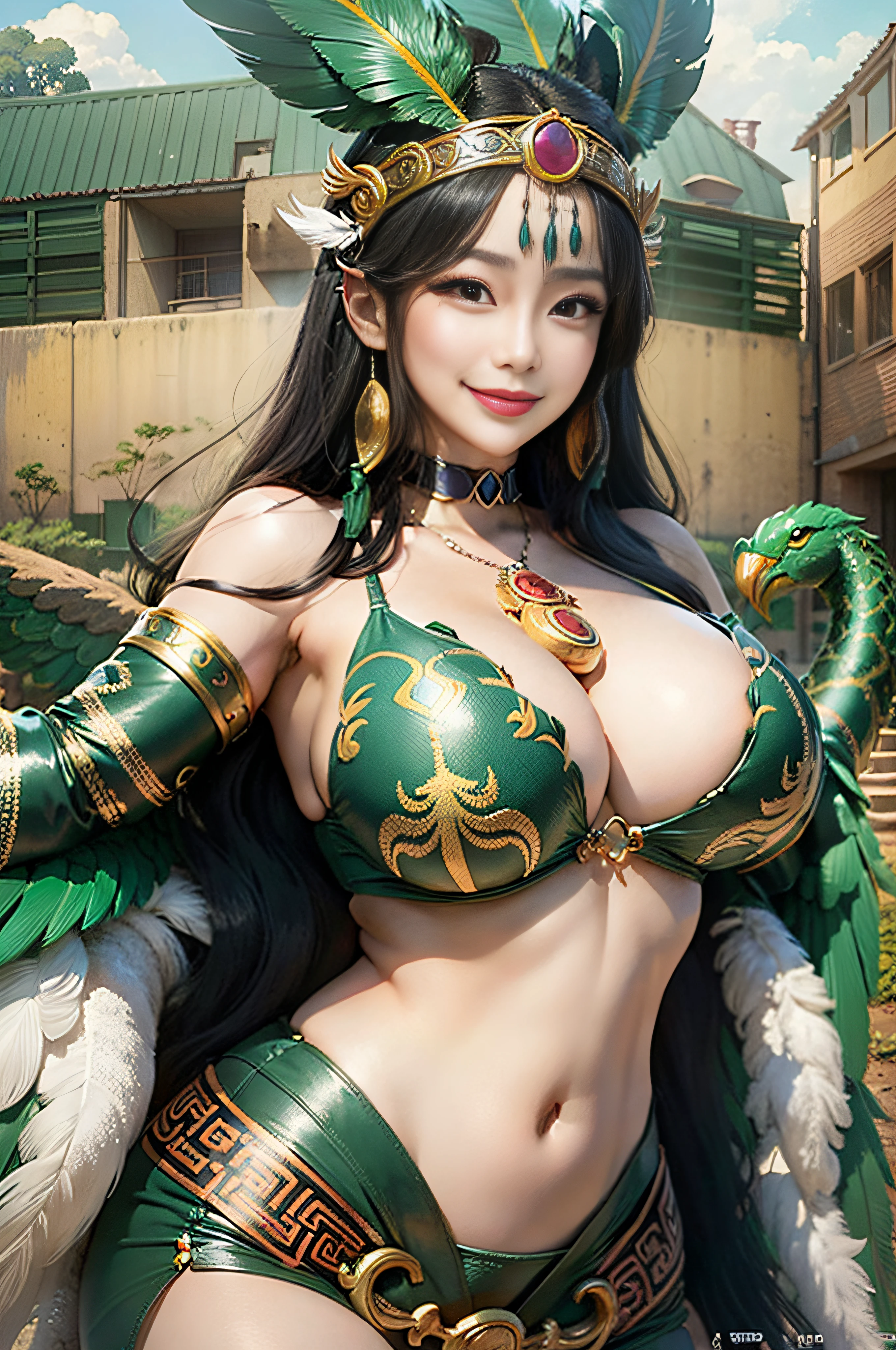quetzalcoatl, Mexican, Spanish pre-Aztec character design, Studio Ghibli Style, Feathered Serpent,huge tit, Smile