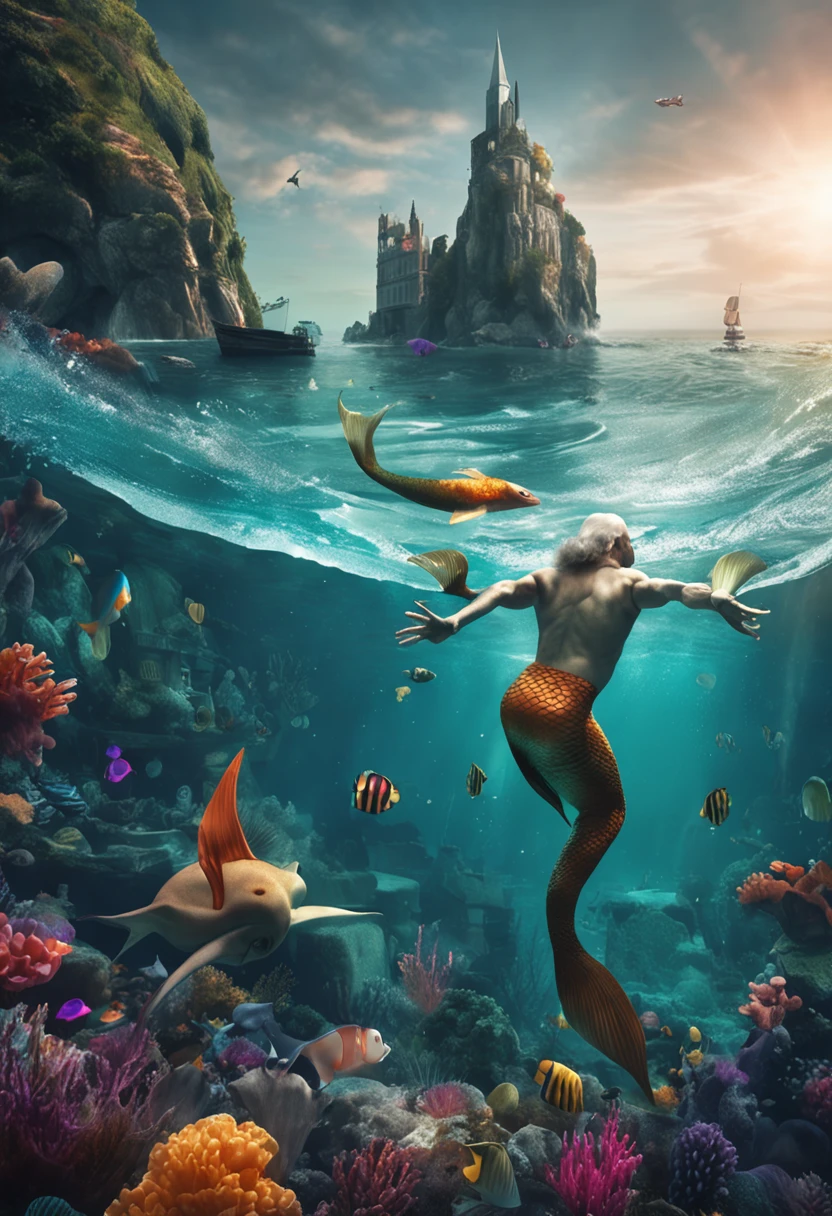 A man with a mermaid's tail, Mermaid Man, and short silver hair, full length, inflated torso, Silvery fin, Underwater world, bottom of ocean, A city in the ocean, Fantasy