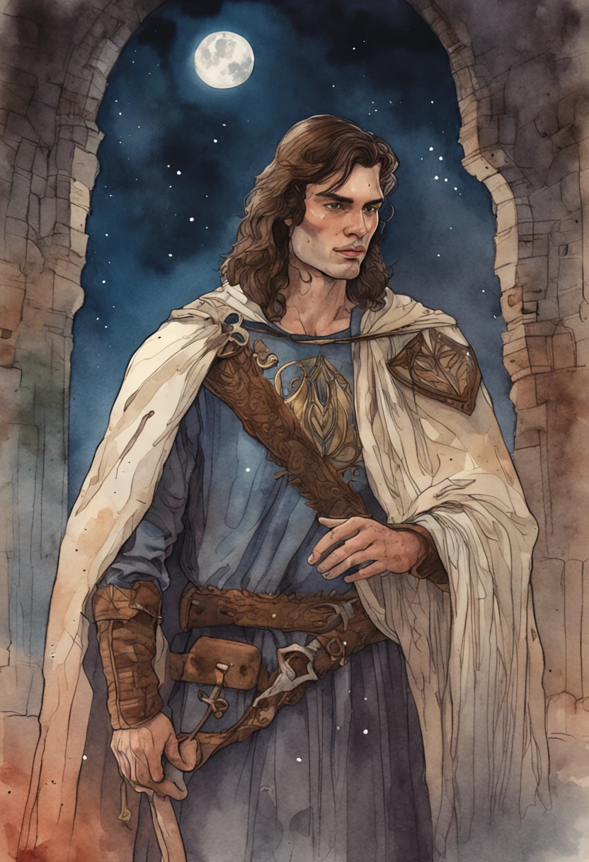 Watercolor of a brunette medieval lord, Age about 20 years, His face was illuminated by the glow of the full moon.