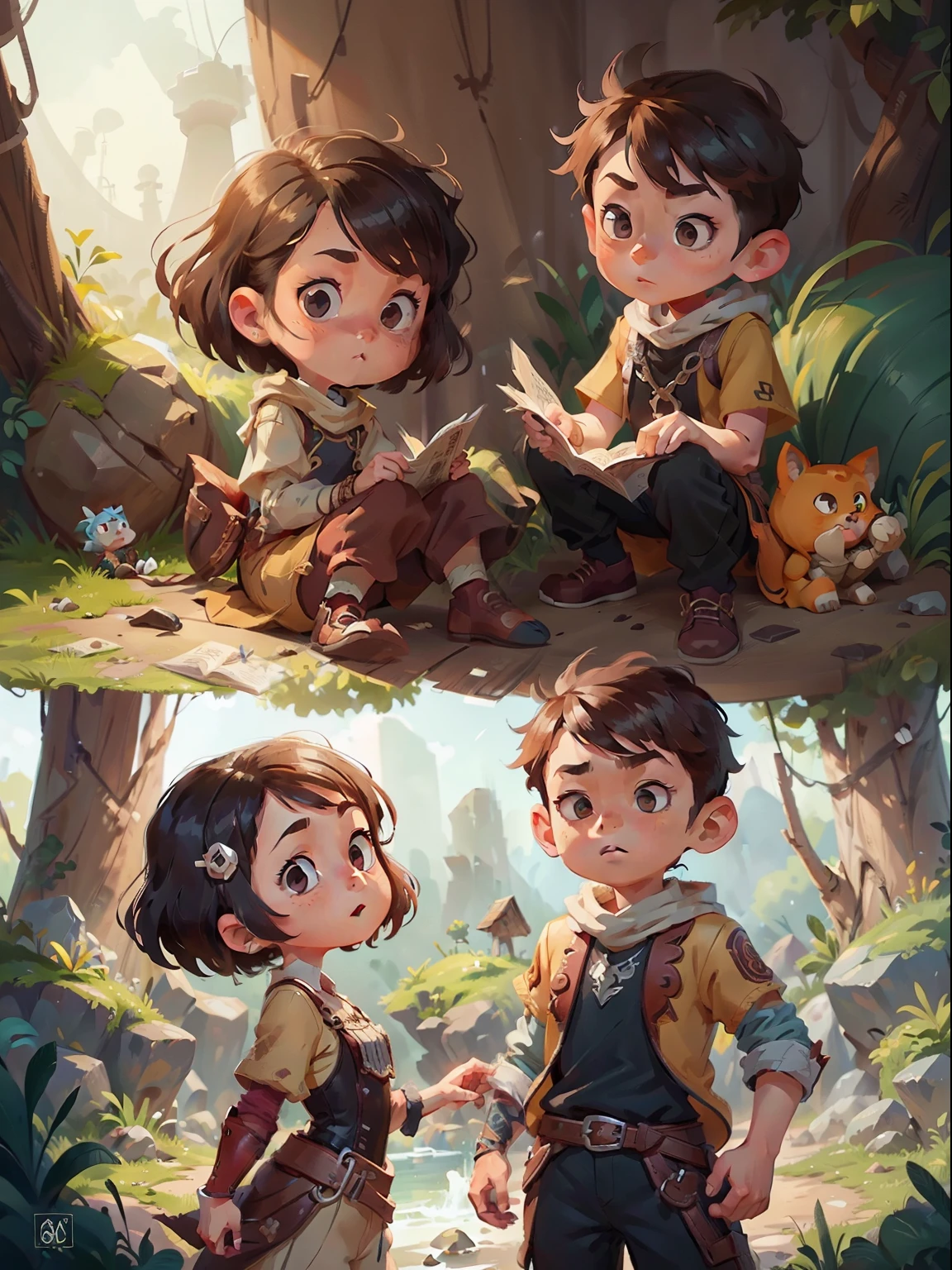 An image of a girl and a boy in the attic of an old house looking at a globe, A cute and curious girl with long brown hair, Next to the girl is a cute curious boy with short black hair, Kids art in ArtStation, Beautiful art style, Cute detailed digital art, Mini Cute Girl with tender face, Mini Cute Boy with tender face, adorable digital painting, Beautiful digital art, Cute detailed illustrations, Cute cartoon character, realistic picture of cute girl and boy, Cartoon art style, illustration cute, Mobile game art, Cute cartoon style, Illustration cute, ProCreate illustration. The scene is a warehouse in an old and cluttered in attic of an old house, the attic huge, the size of boy and girl look smaller the attic, the boy and the girl looking at a globe that next to them, the size boy and girl same, their size , old things in the background, a dark background, The children not on all imagine 1:4, explorer, a curious, girl expressing surprise and happiness, curious birth of a boy, both sitting on the floor looking at a medium-sized globe, the old globe, perfect quality, (Masterpiece : 1.2) (Realistic) : 0.4 ) (Best quality) (Skin Detail : 1.2) (Intricate details) (8K) (Detailed eyes, in all aspects of the figure), (Curious) Full body, messy background, realistic background composition, Photograph f2.8