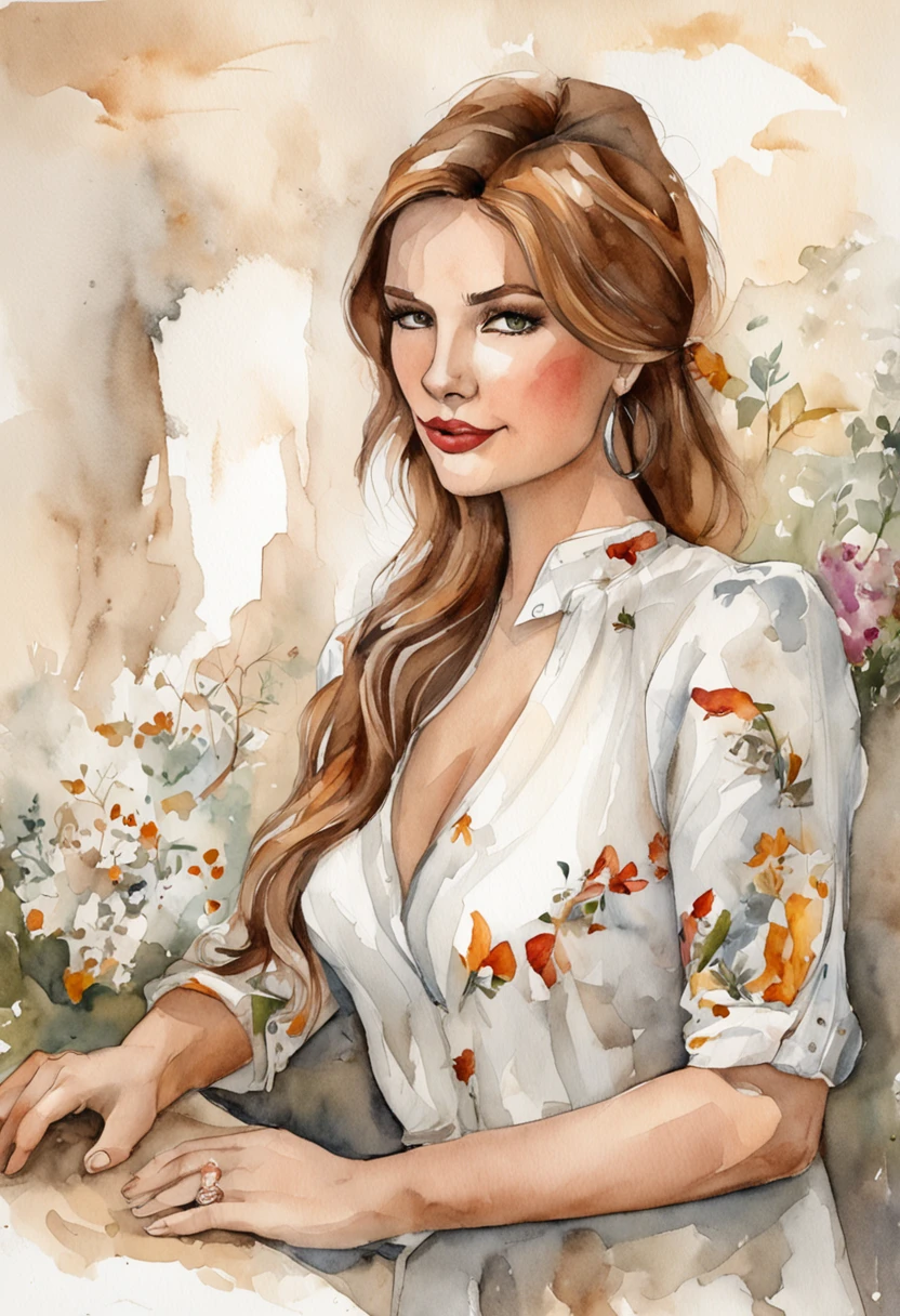 uma mulher, 30 anos, sorriso sexy ,olhar sensual, labios carnudos, com blusa de manga aberta, mostando seios grandes, peitos macios, com busto molhado