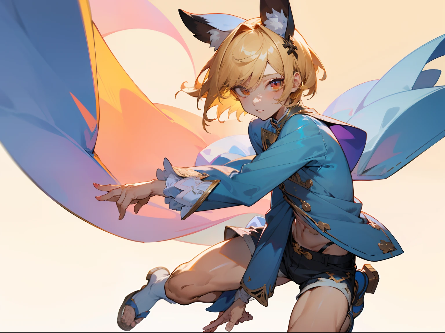 (masterpiece, best quality), intricate details, 8k, sharp focus, (bokeh) (best quality) (detailed skin:1.3) (intricate details) (8k) (detailed eyes) (anime) male character, long front of hair, short back hair, asymmetric hair, blonde hair, yellow hair, red eyes, shota, male, shorts, short boy, anime boy, frontage, lovely boy, perfect face, detailed eyes, bold background, fluffy clothes, blue clothes, slim, skinny, full body art, rabbit accessories, detailed accessories, unique outfit, fluff, pastels, pastel, light, short shorts, skinny, pastel outfit, soft colours, sharp eyes, male, young man, idol, sexy pose, cotton accessories, tight shirt, loose shorts