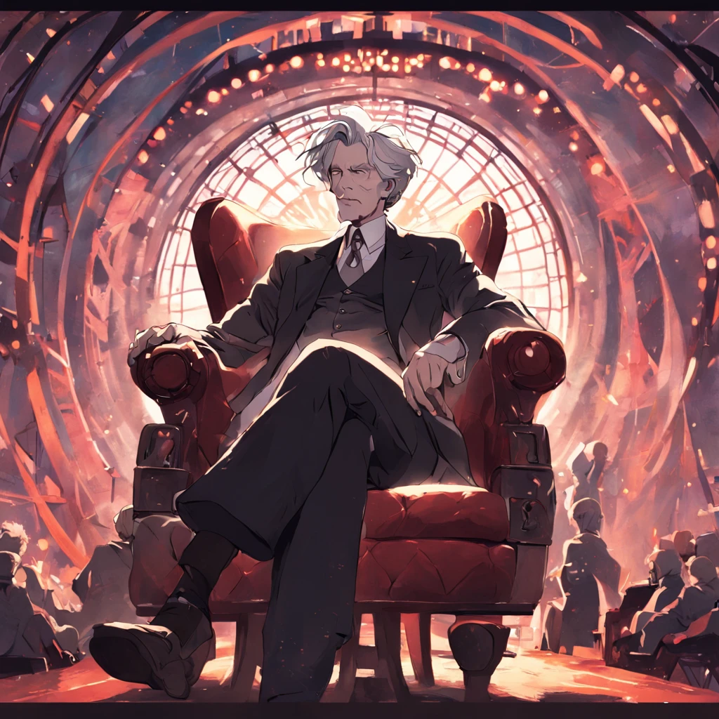 Um retrato estilizado do Dr. Albert Schweitzer in black and white sitting in a classic armchair, a reporter with a microphone in front of him. The background could be a stylized representation of London, com a London Eye e o Big Ben ao fundo, mixed with an aura of mystery and vibrant colors.