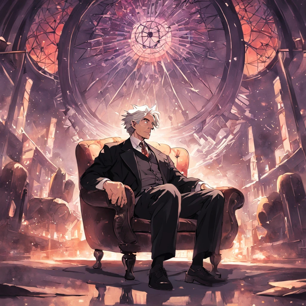 Um retrato estilizado do Dr. Albert Schweitzer in black and white sitting in a classic armchair, a reporter with a microphone in front of him. The background could be a stylized representation of London, com a London Eye e o Big Ben ao fundo, mixed with an aura of mystery and vibrant colors.