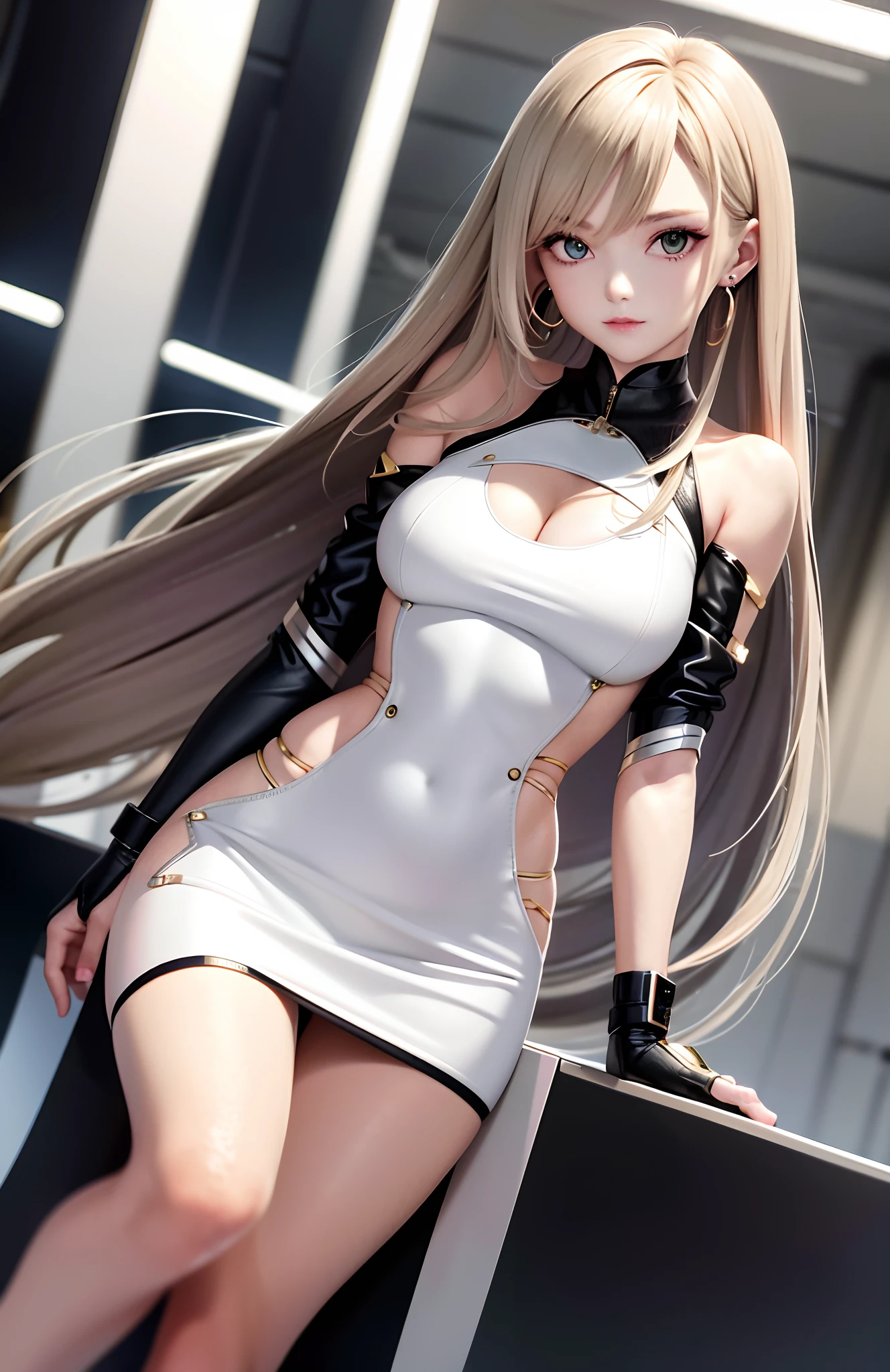 optimum,tmasterpiece,A high resolution,best qualtiy,hyper HD,super detailing,Award-Awarded,16k,独奏,(The upper part of the body),anatomy correct,Beautiful cyberpunk girl,cute face,,Gradient Beige Hair,Hairline,((Scarlet eyes)),long eyelasher,Hanging eye corners,White skin of the,(small boobs),(Slim body),((Women's extra short shawl leather jacket)),((racing_suit)),((High-Low_long skirt)),ear studs,(neck rings),(Laser material clothing:1.2)