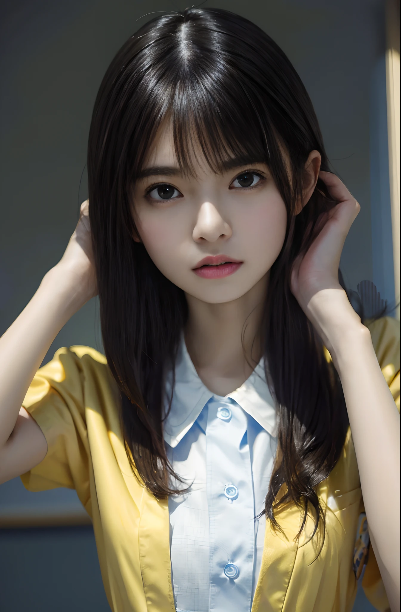 (Masterpiece:1.3), (8K, Photorealistic, RAW photo, Best quality: 1.4), (1girll), Beautiful face, (Realistic face), (Black hair, Short hair:1.3), Nice hairstyle，photorealistic eye，Nice detail eyes，（Realistic skin），Beautiful skins，enticing，超高分辨率，Ultra photo realsisim，The is very detailed，the golden ratio，Asian girl sitting in classroom，校服，cute  face，ssmile