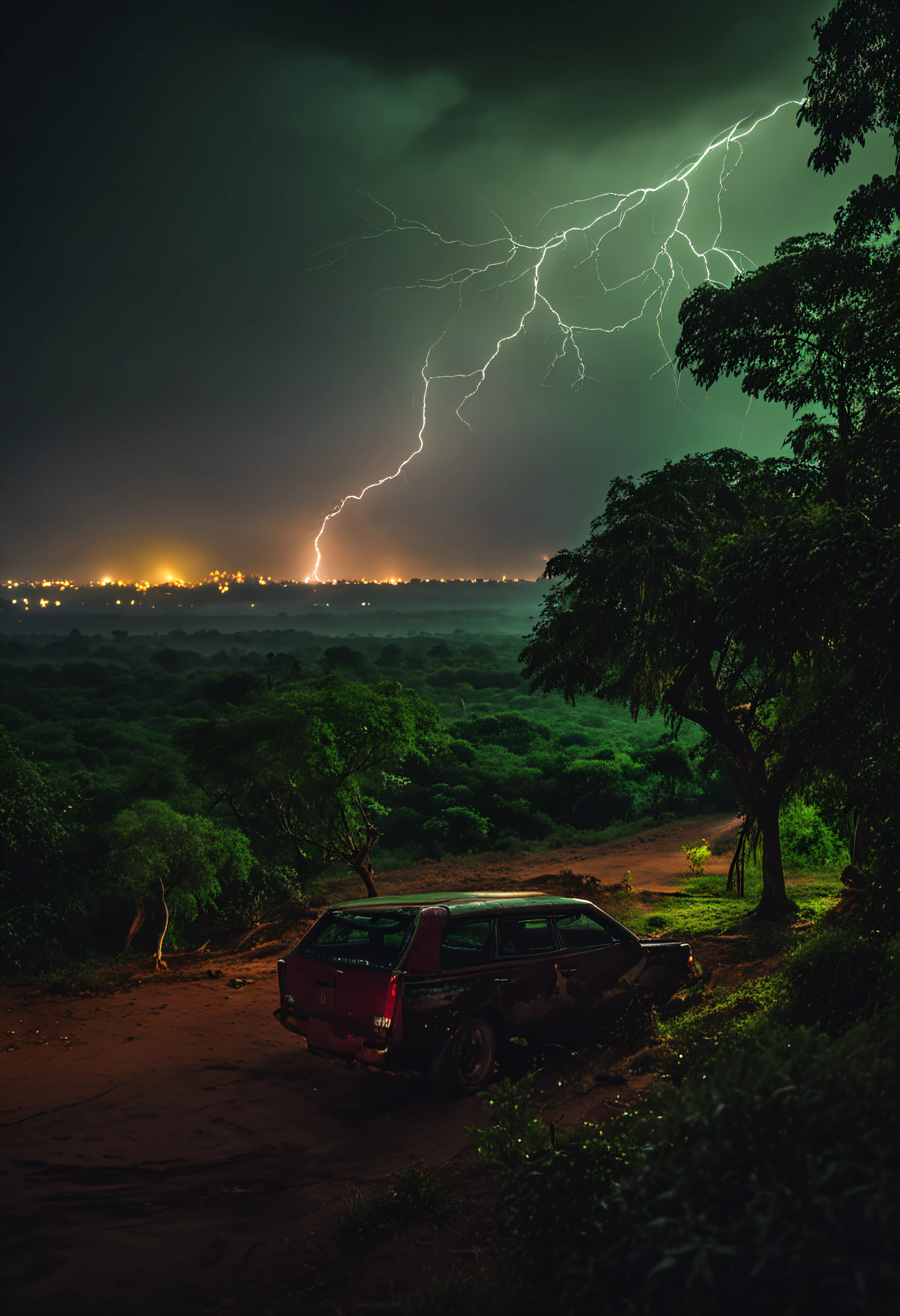 bagan night, rain, green thunder and lightning, dark, magical, cinematic